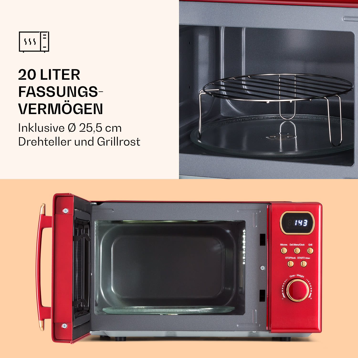 Julieta Mikrowelle mit Grill 20l 700 / 800 W Ø25,5cm 8 Programme Rot