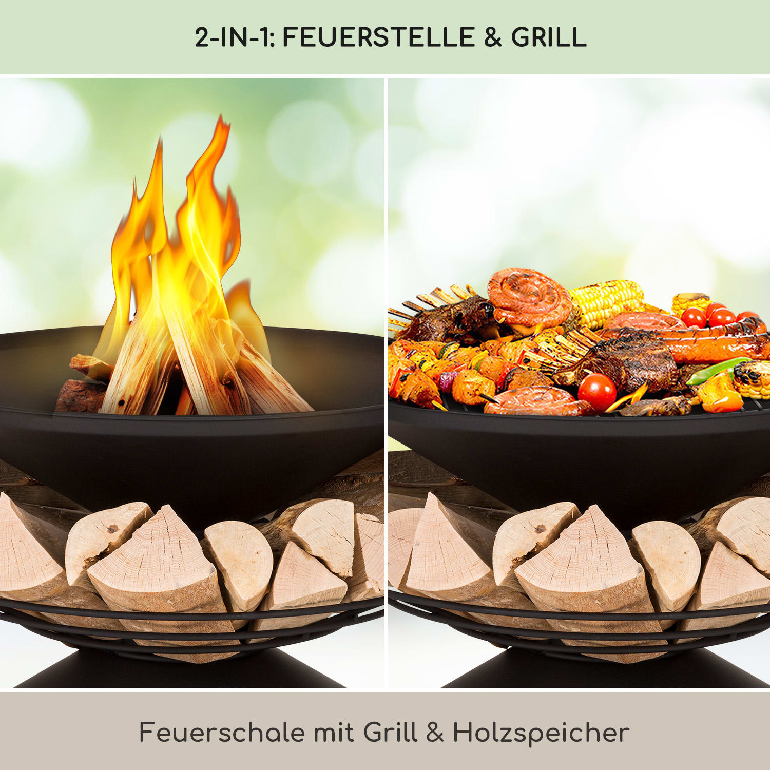 Aguilera Feuerschale mit Grill Ø 65 cm Holzlager Stahl  Schwarz