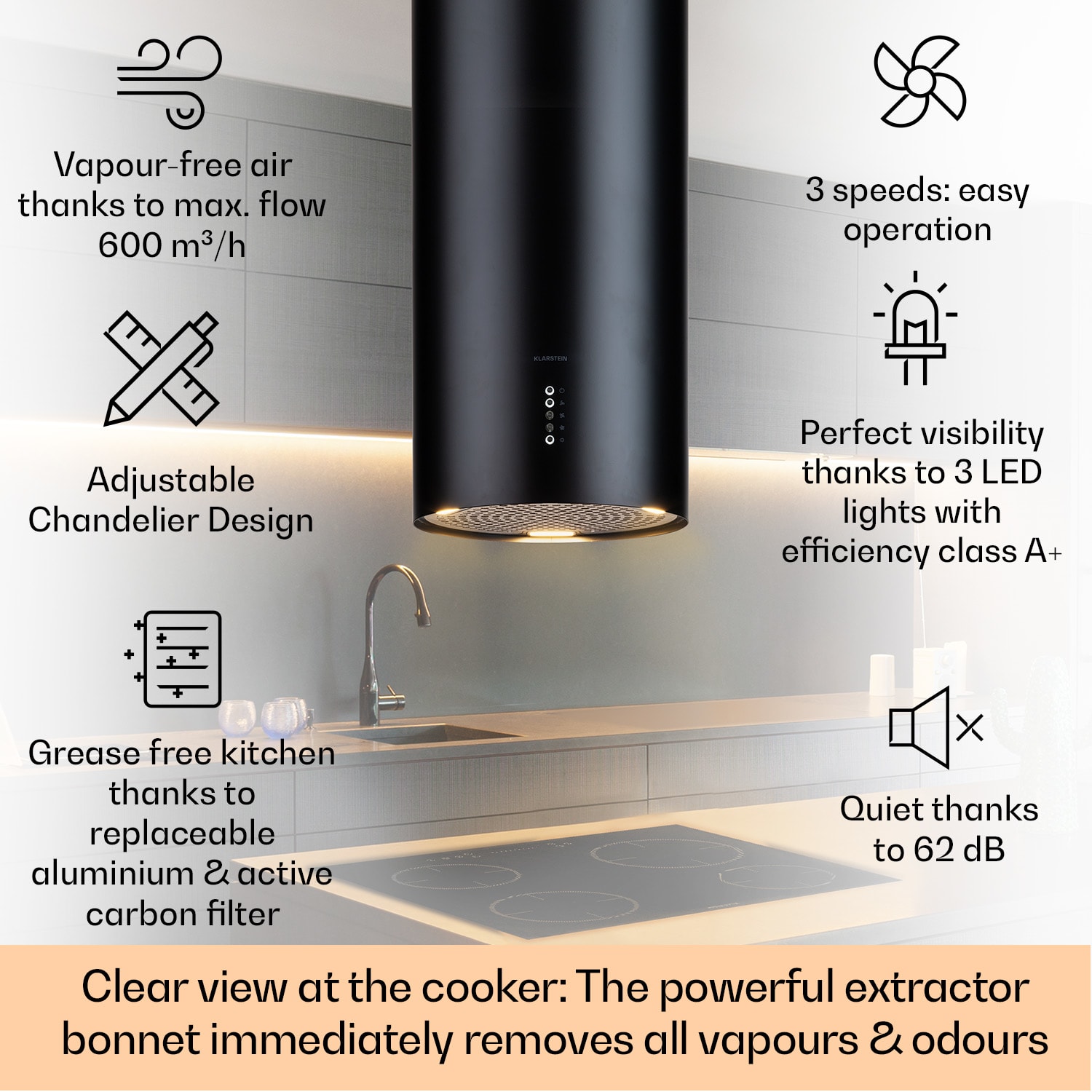 Bolea island extractor hood Ø 38 cm exhaust/recirculation 600 m³/h LED incl. activated carbon filter Black