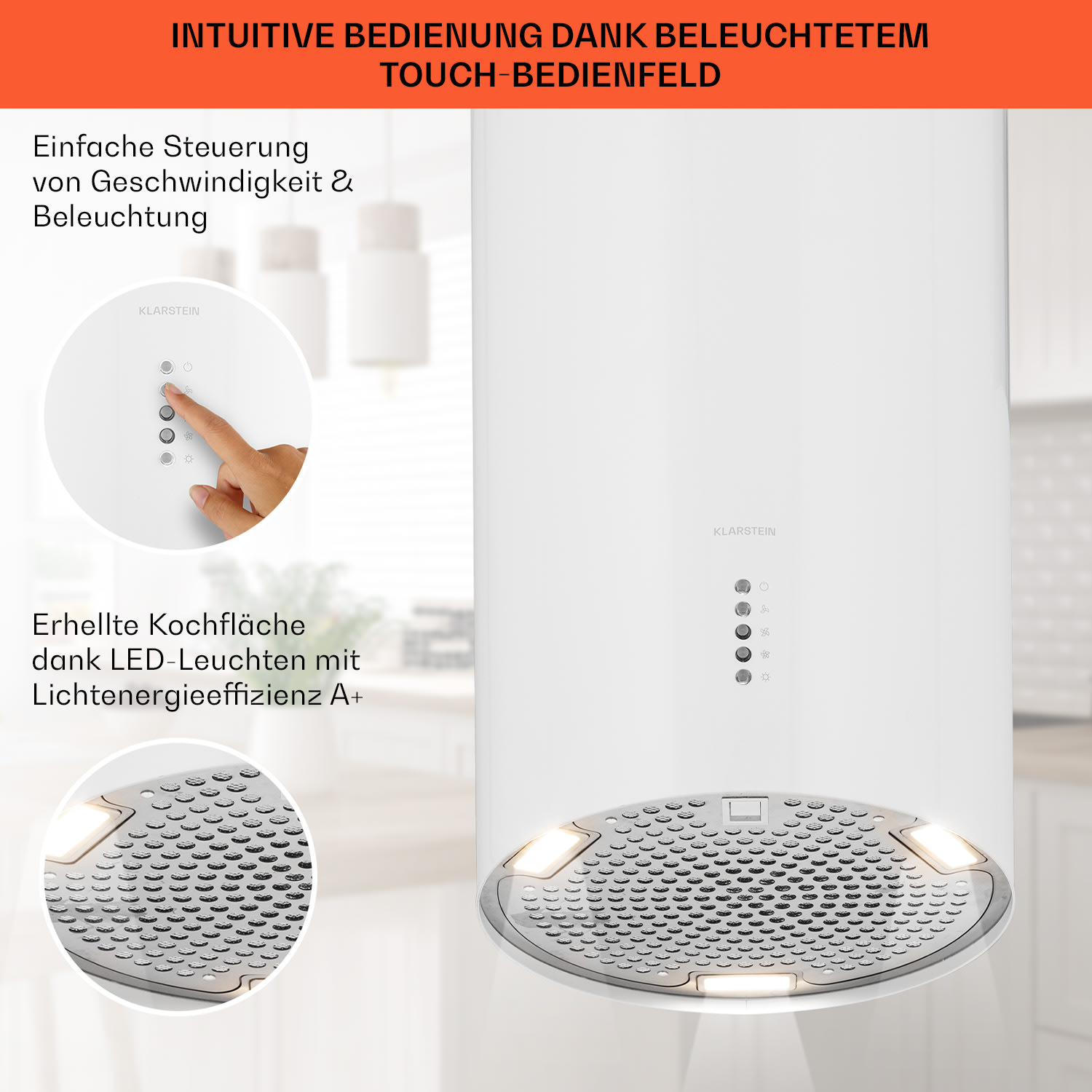Bolea Inselabzugshaube Ø38cm Ab-/Umluft 600m³/h LED inkl. Aktivkohlefilter Weiß