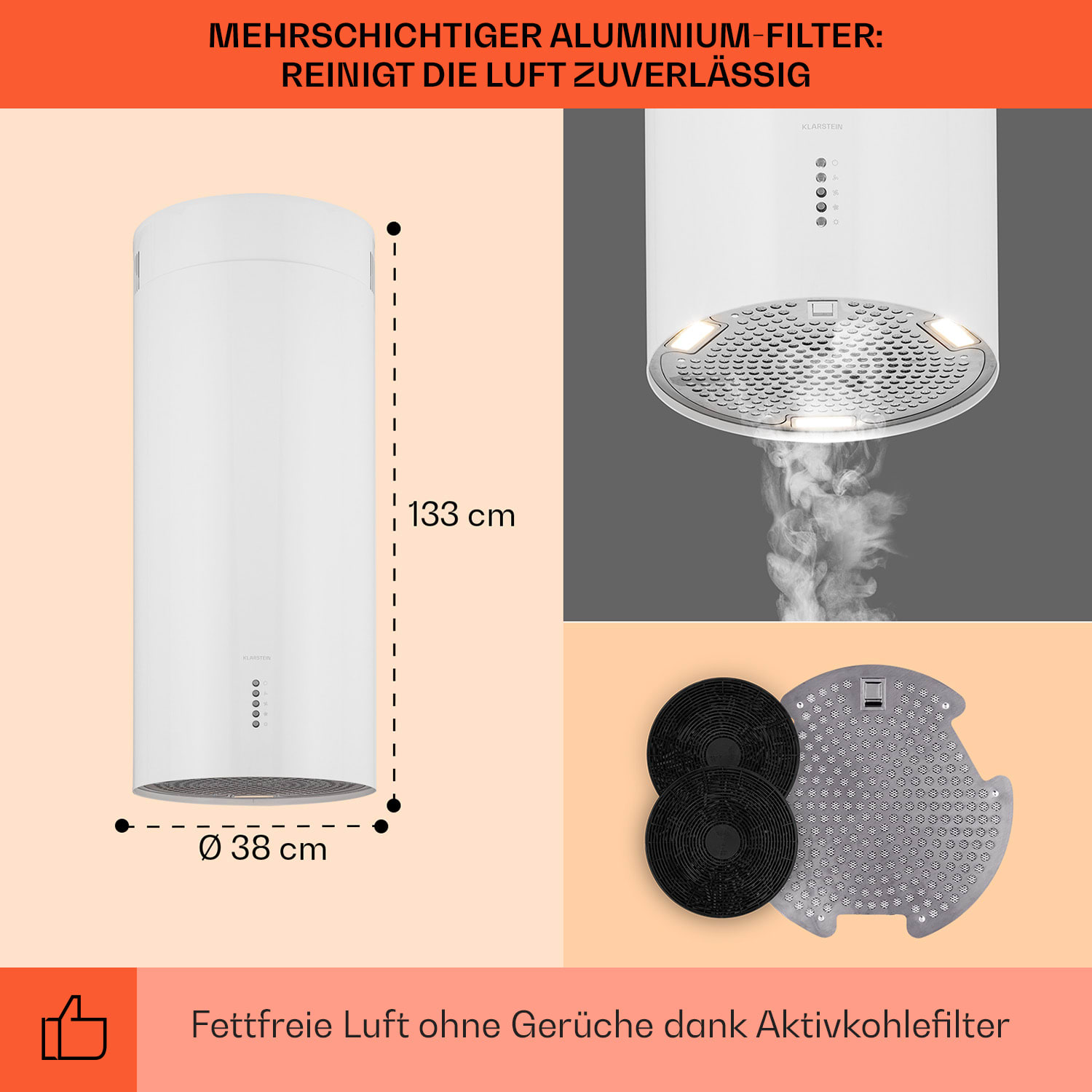 Bolea Inselabzugshaube Ø38cm Ab-/Umluft 600m³/h LED inkl. Aktivkohlefilter Weiß