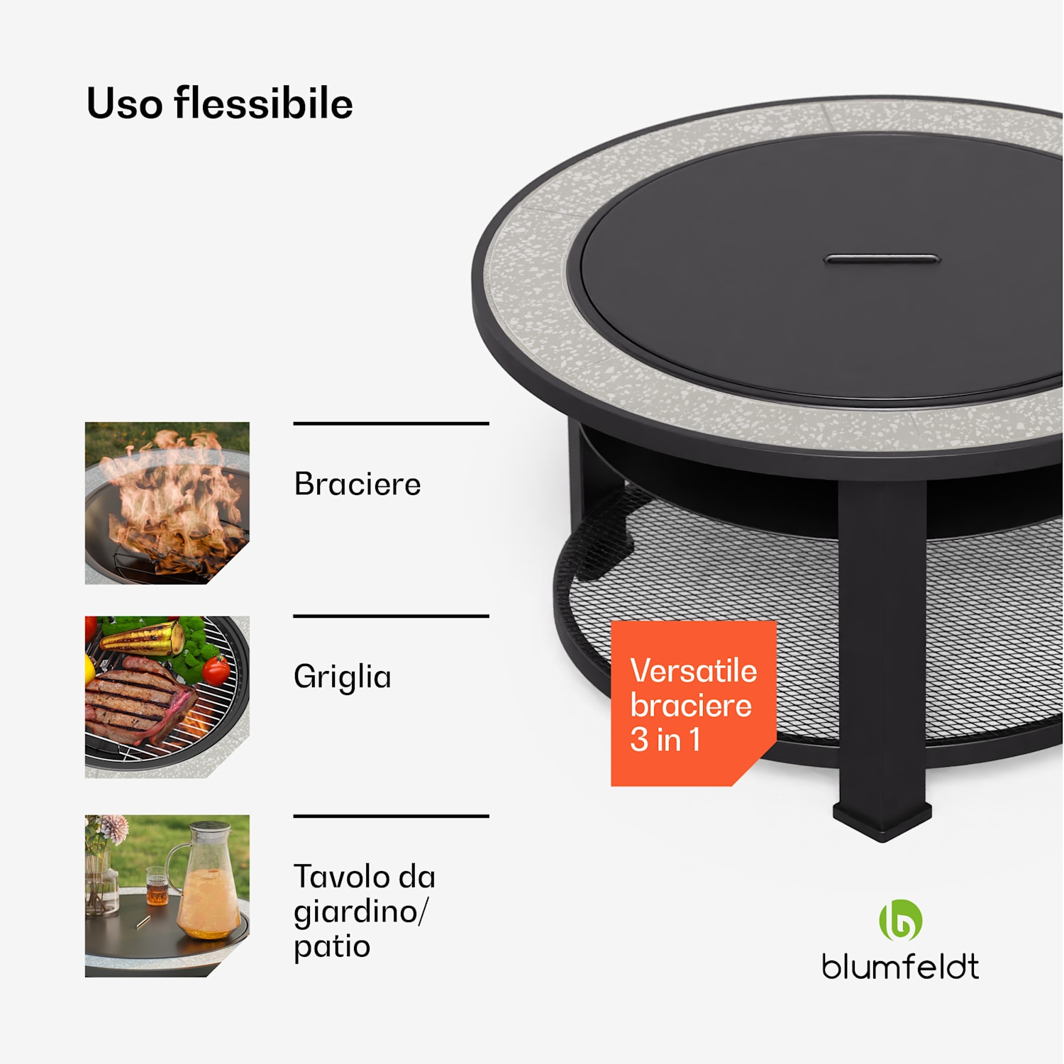 Merano Circolo - Braciere 3 in 1 con funzione grill, utilizzabile come tavolo, 87 cm di diametro round | Grigio