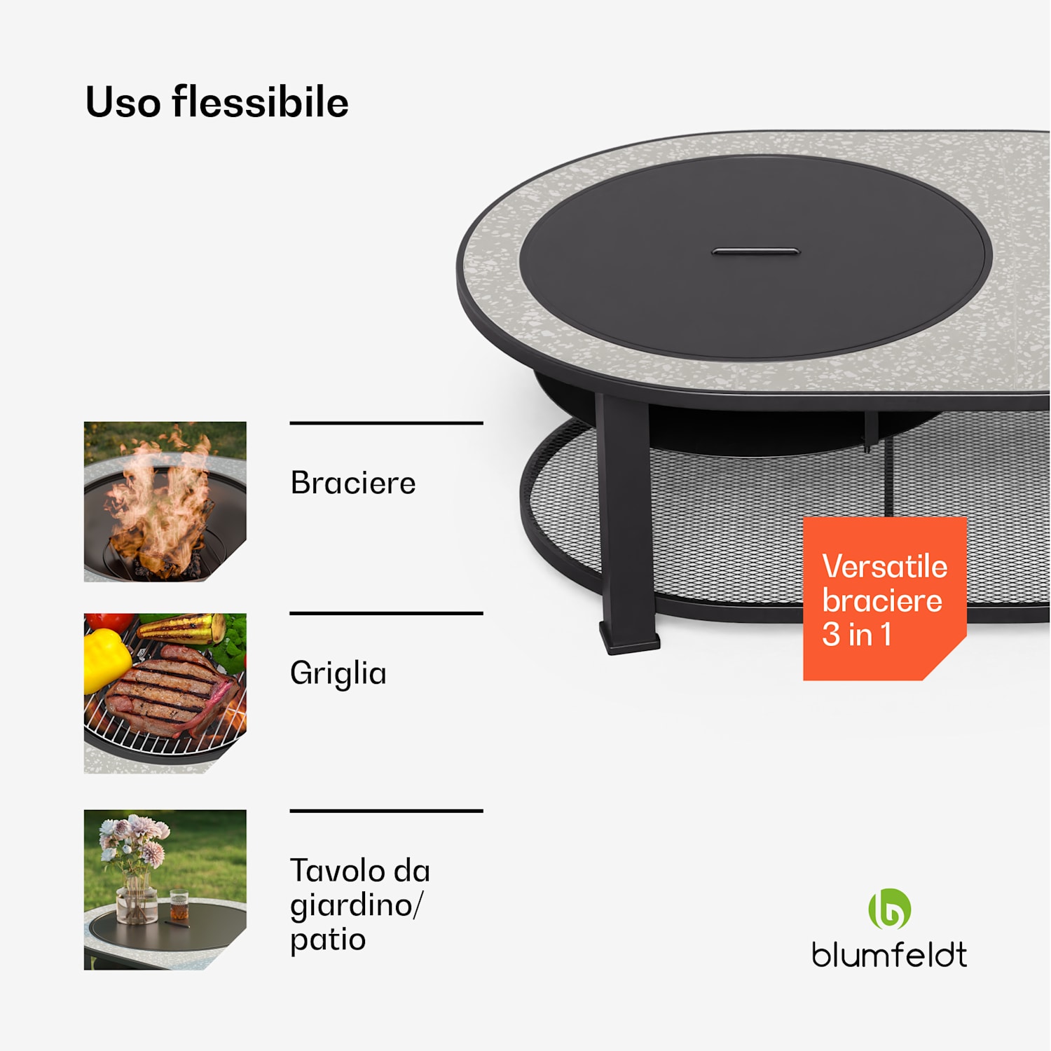 Merano Circolo L - Braciere 3 in 1 con funzione grill, utilizzabile come tavolo, 122 x 87 cm 