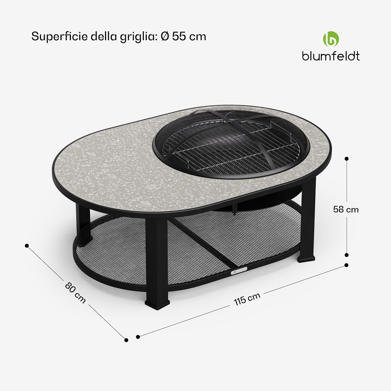 Merano Circolo L - Braciere 3 in 1 con funzione grill, utilizzabile come tavolo, 122 x 87 cm 