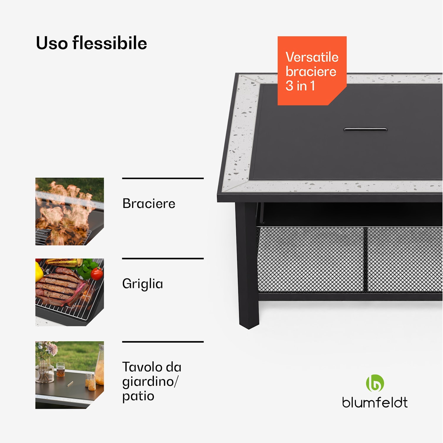 Merano Avanzato - Braciere 3 in 1 con funzione grill, utilizzabile come tavolo, 87 x 87 cm square | Bianco