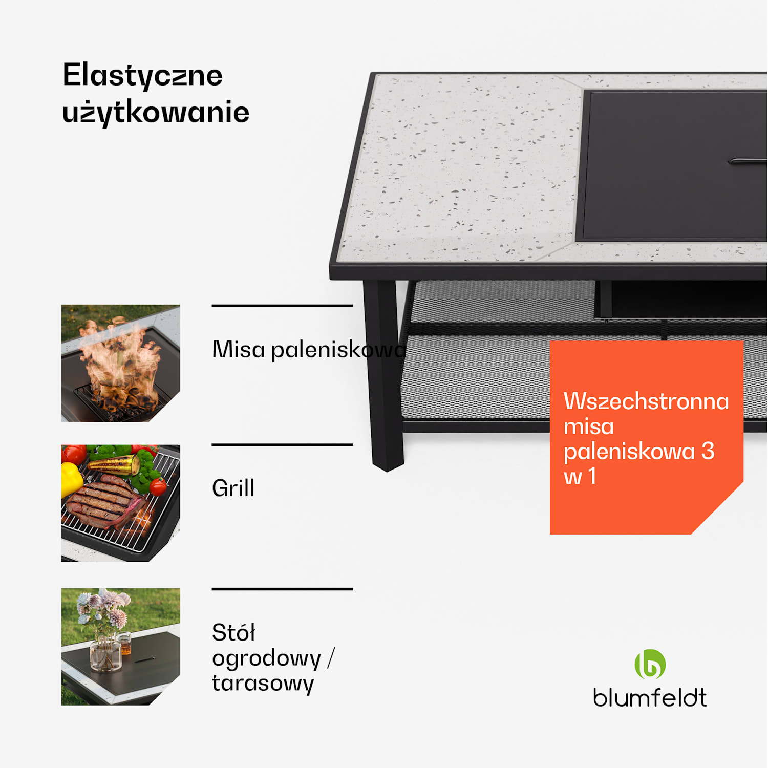 Merano Avanzato L, misa paleniskowa 3 w 1, z funkcją grilla, może być używana jako stół, 122 x 87 cm prostokątny | Biały