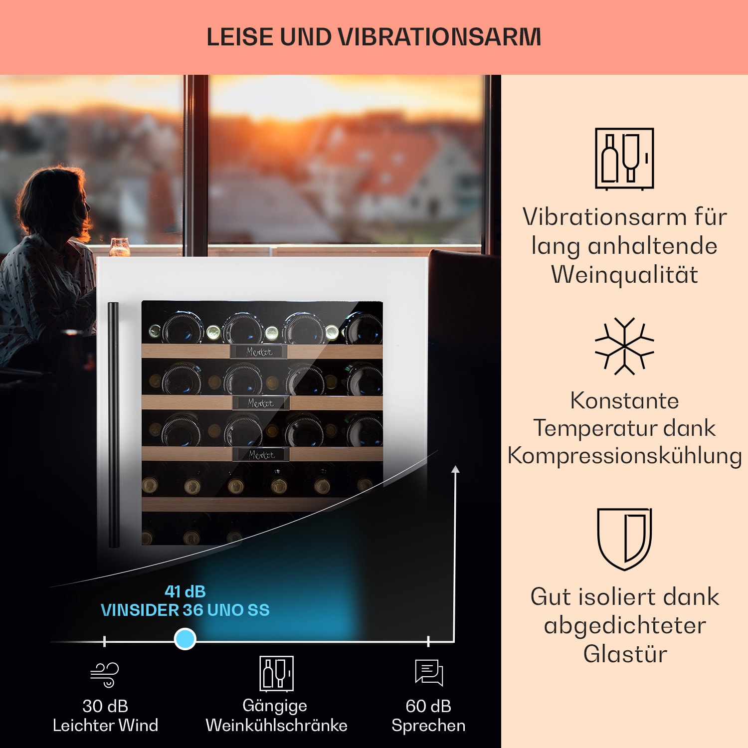 Vinsider 36 Built-In Uno Einbau-Weinkühlschrank 36 Flaschen 92 Ltr Edelstahl  36 Flaschen | 1 Kühlzone | Weiß