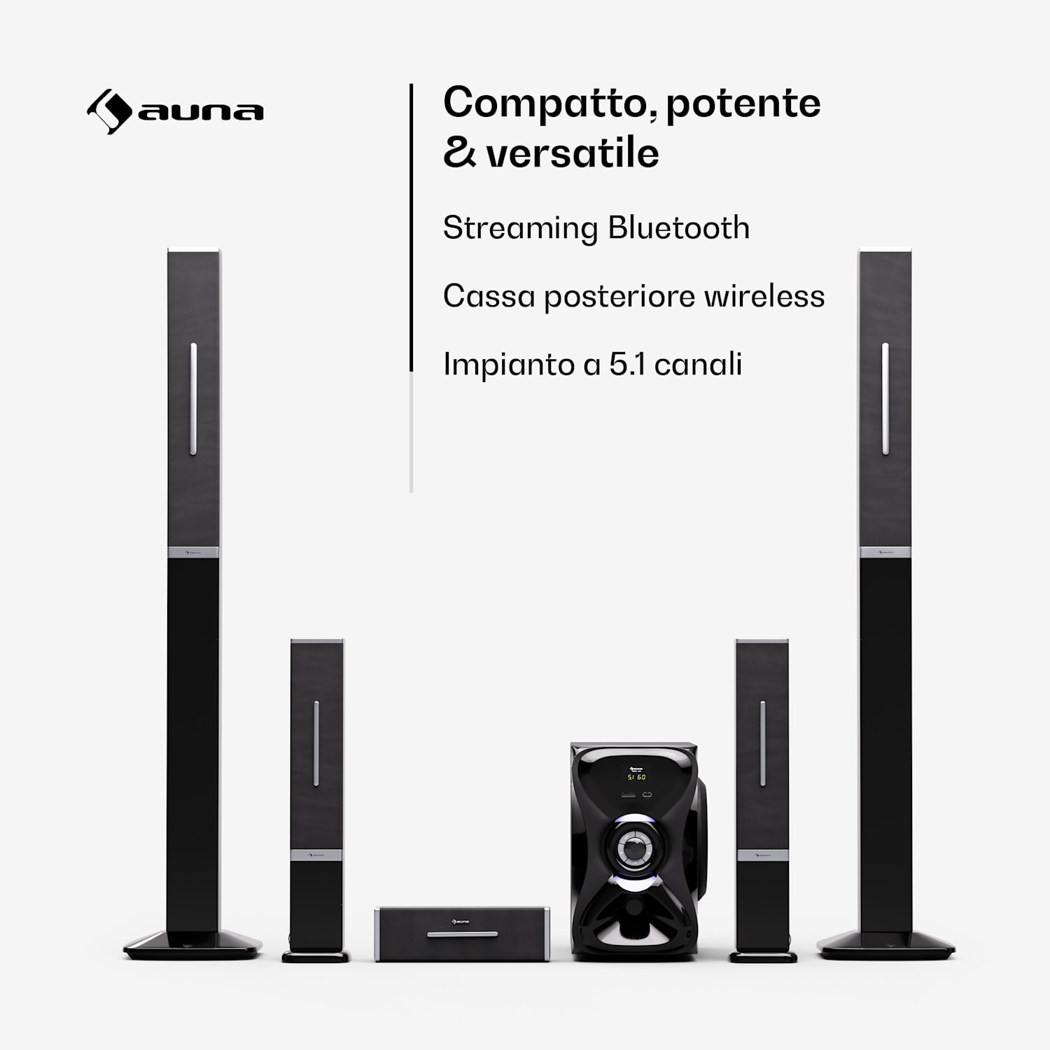 Areal 825 - Impianto audio 5.1 wireless, Bluetooth, 120 W, con funzione karaoke, altoparlanti posteriori wireless 