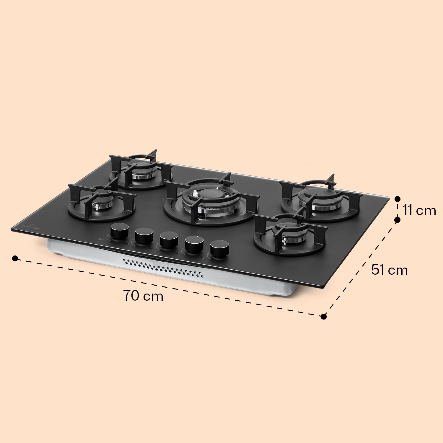 Firetale Gaskochfeld 5-flammig 70 cm Aluminium-Brenner inkl. Schlauch und Druckminderer  70 cm | Glas | Schwarz