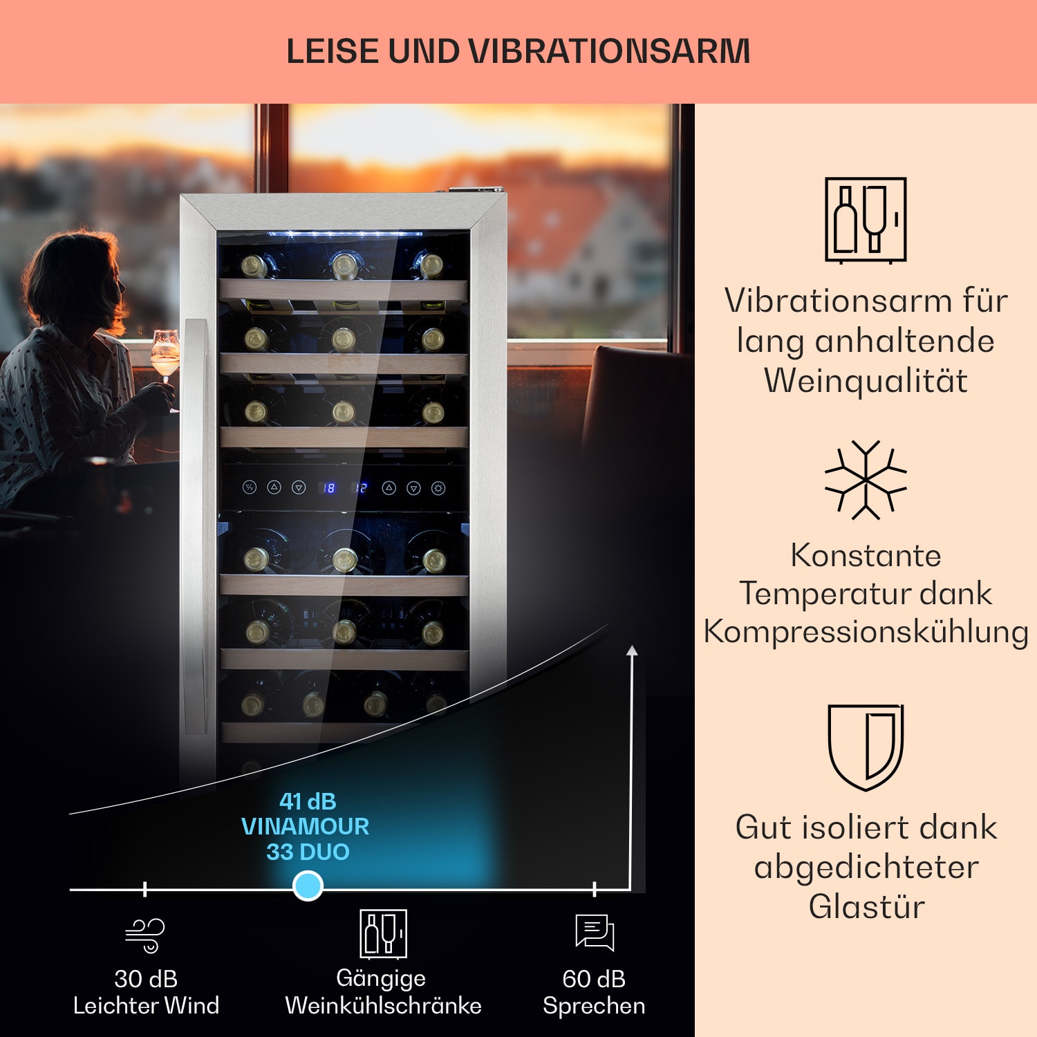 Vinamour 33 Duo - Frigorifero per vini, 2 zone, 89 L/33 bottiglie, 5-18 °C, touch 