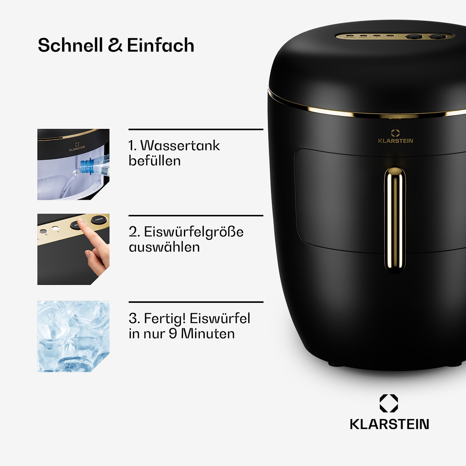 Passau macchina per cubetti di ghiaccio, 2 dimensioni, 15 kg/24 h, autopulente 2,3 ltr | Nero/ Oro anticato metallizzato