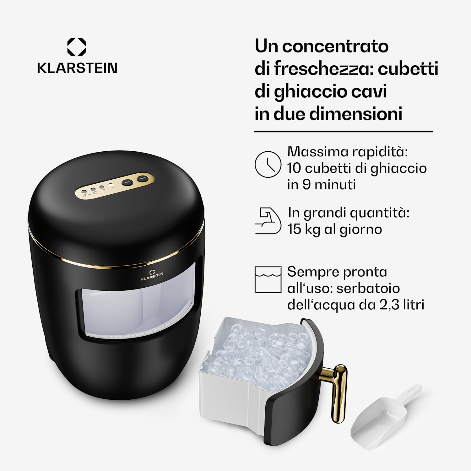 Passau macchina per cubetti di ghiaccio, 2 dimensioni, 15 kg/24 h, autopulente 2,3 ltr | Nero/ Oro anticato metallizzato