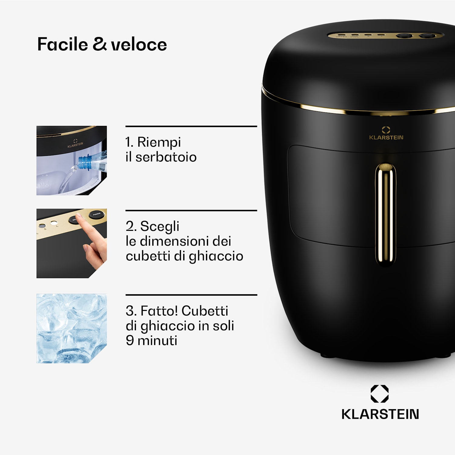 Passau macchina per cubetti di ghiaccio, 2 dimensioni, 15 kg/24 h, autopulente 2,3 ltr | Nero/ Oro anticato metallizzato
