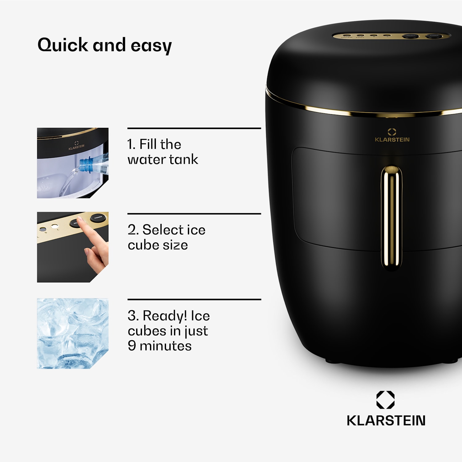 Passau ice cube machine 2 sizes 15 kg/24 h Auto-Clean 2,3 ltr | Black / Antique Gold Metallic