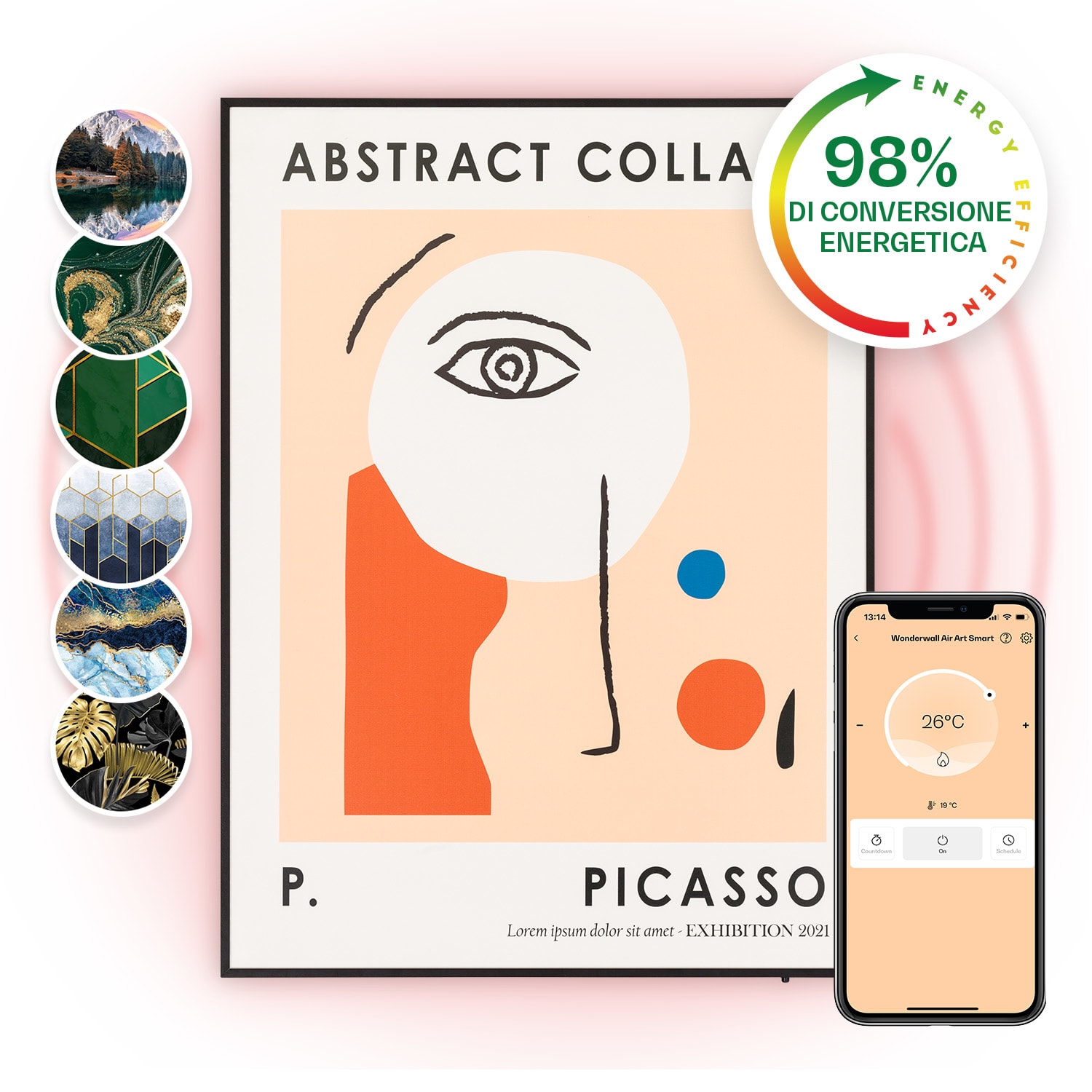 Wonderwall Air Art Smart - Pannello radiante a infrarossi, 60 x 80 cm, 500 W, installazione a parete, controllo con app, astratto Astratto