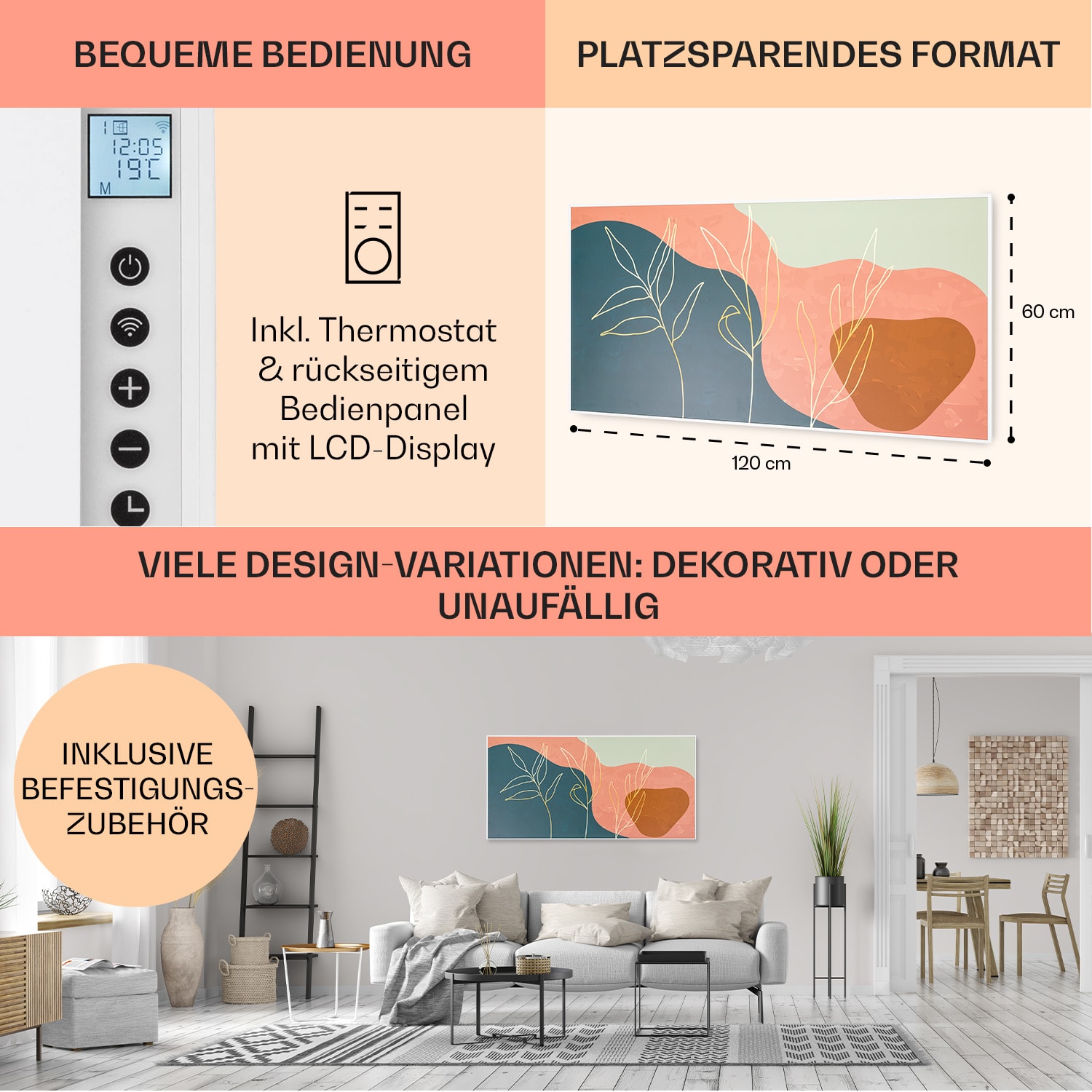Wonderwall Air Art Smart - Pannello radiante a infrarossi, 60 x 120 cm, 700 W, installazione a parete, controllo con app, linee dorate 120 x 60 cm | 700 W | Linea di foglie
