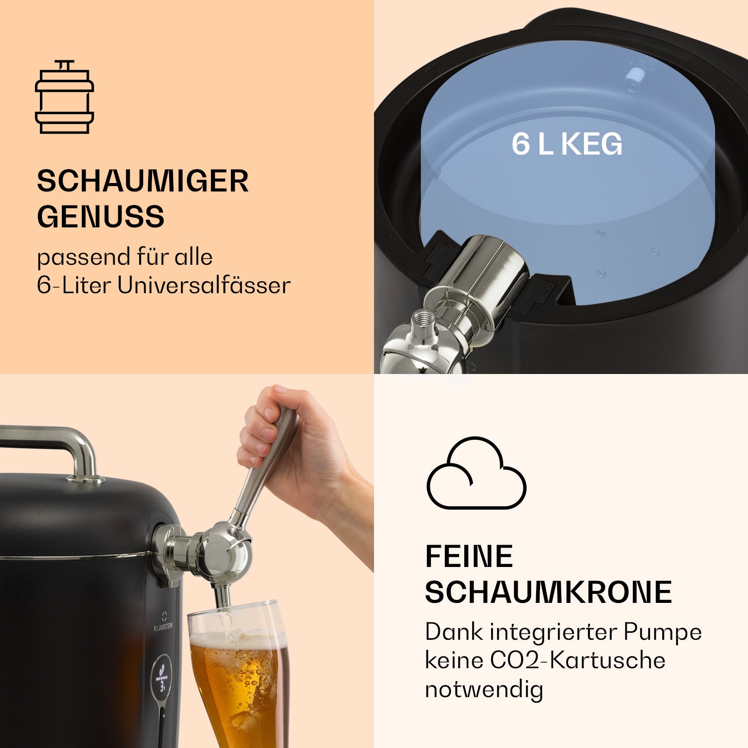 Système de tirage de bière Passau 6 l fût universel pompe à air comprimé 3 - 12 °C 65 W Noir / Argent Métallisé