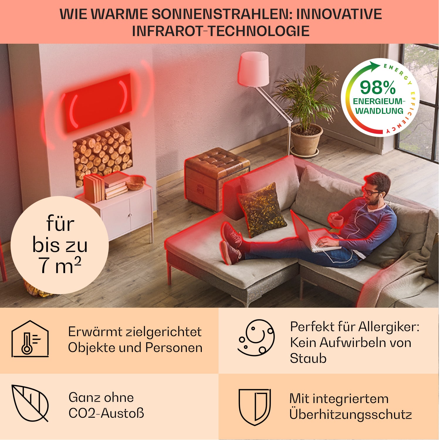 Santorini Smart Infrarot-Heizung 60x60cm 500W Timer IP24 60 x 60 cm | Grauer Breccia-Marmor