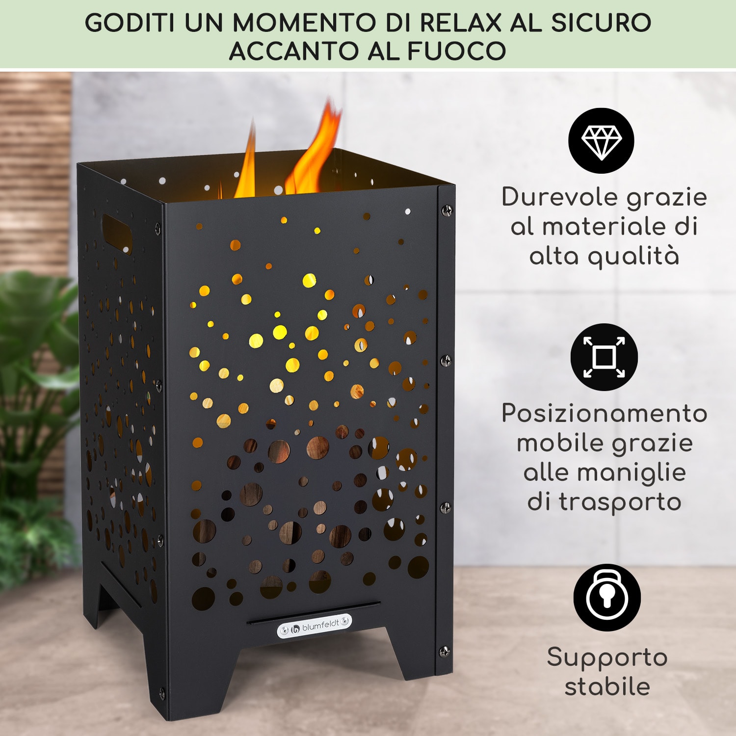 Bazman - Braciere in acciaio, robusto, superficie forata, attizzatoio e copertura antipioggia 