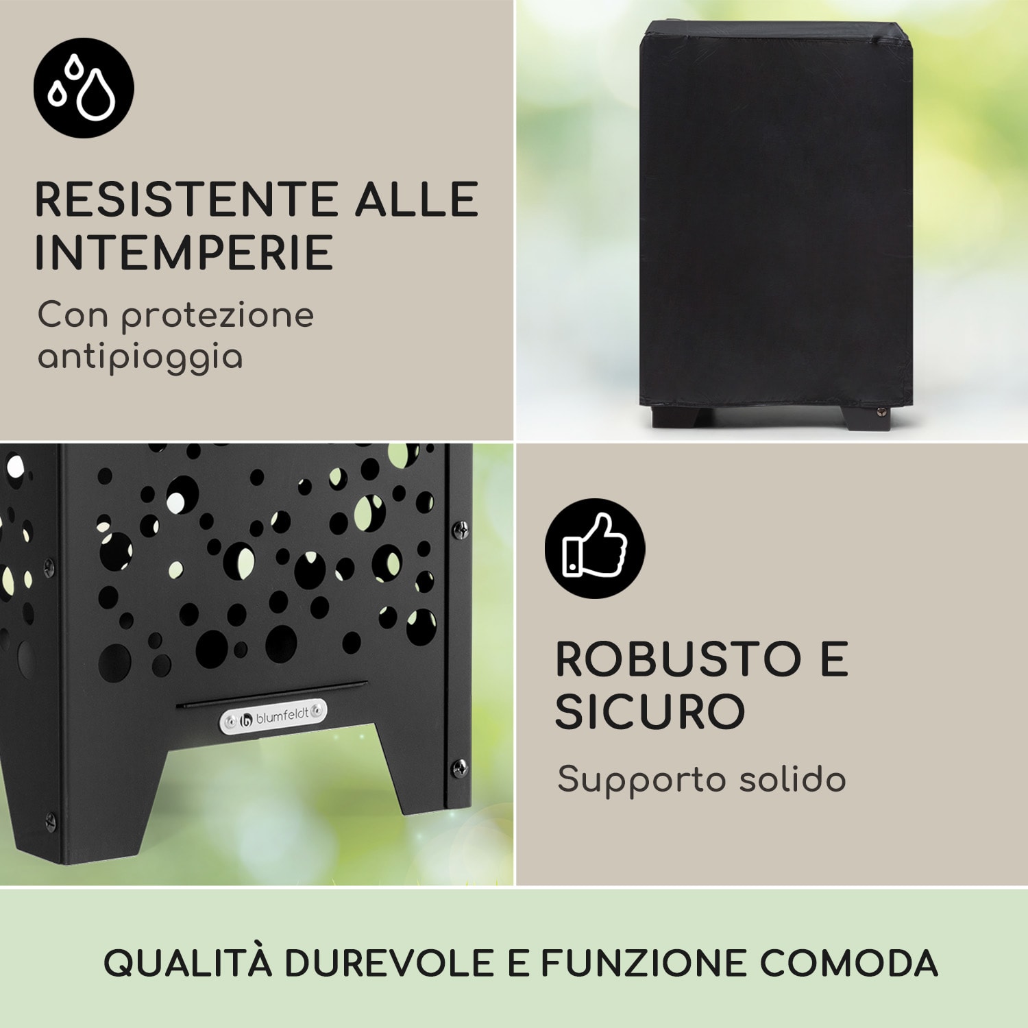 Bazman - Braciere in acciaio, robusto, superficie forata, attizzatoio e copertura antipioggia 