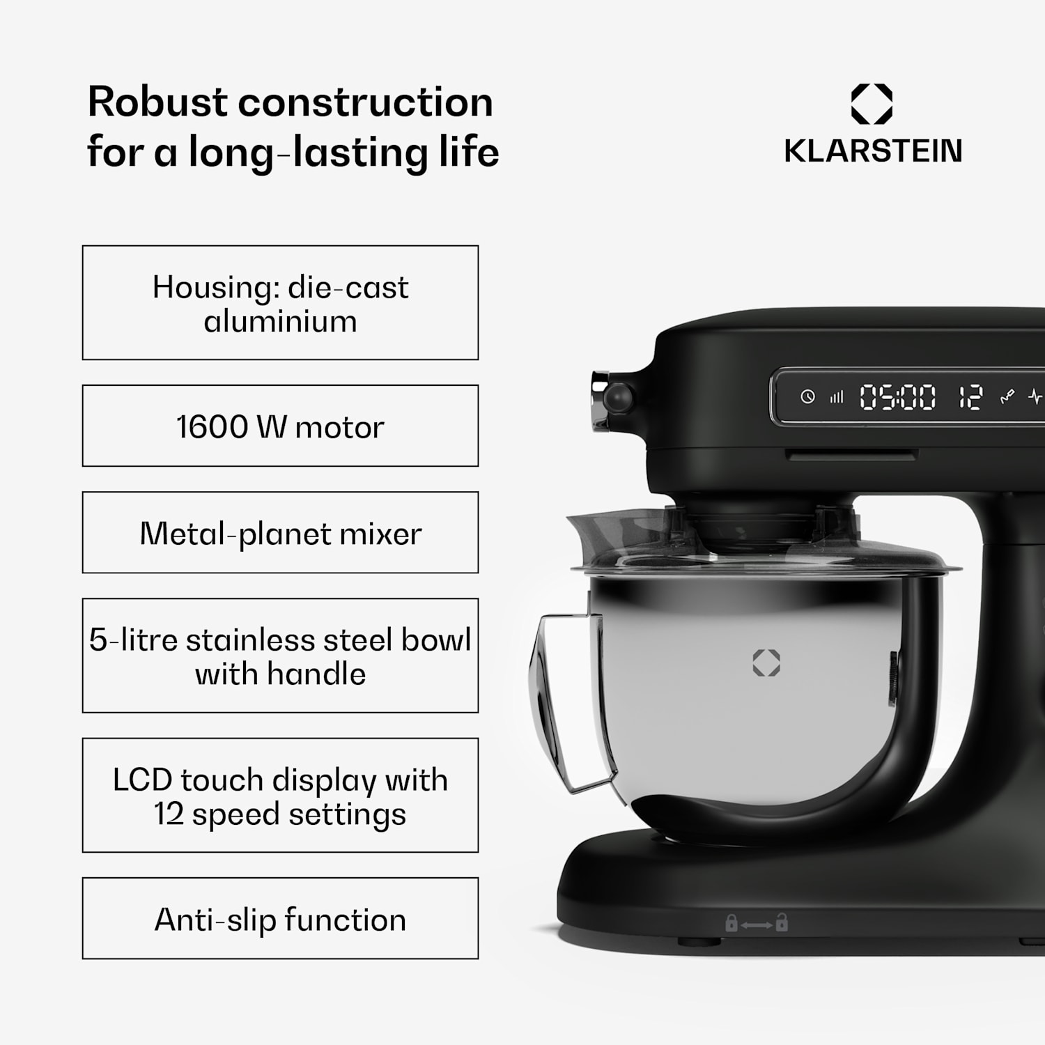 Chiara food processor | 1600 watts | 12 settings | stainless steel bowl | LCD display | incl. accessories Black