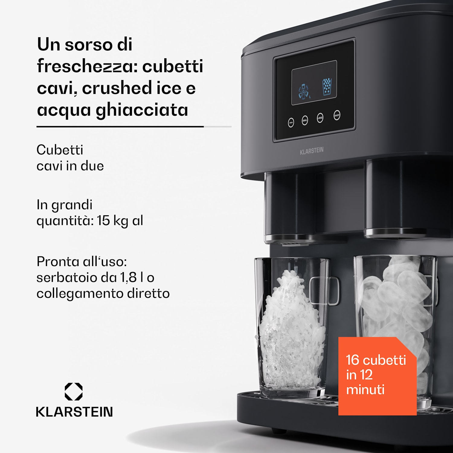 Eiszeit Crush - Macchina del ghiaccio, cubetti di 2 dimensioni, ghiaccio tritato Nero