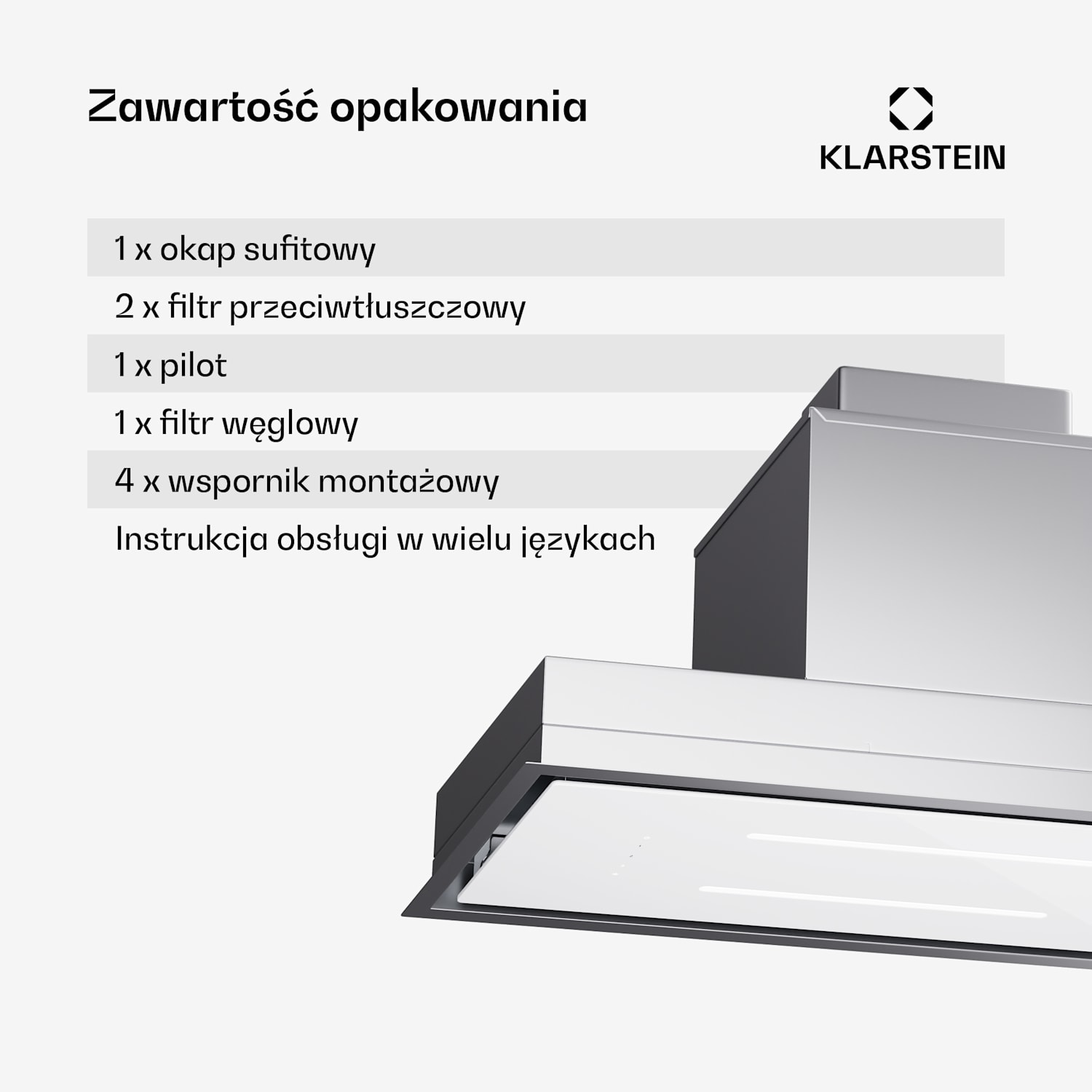 High Line Eco 77, okap kuchenny sufitowy, 77 cm, 436 m³/h, pilot, oświetlenie otoczenia 77 cm | Biały