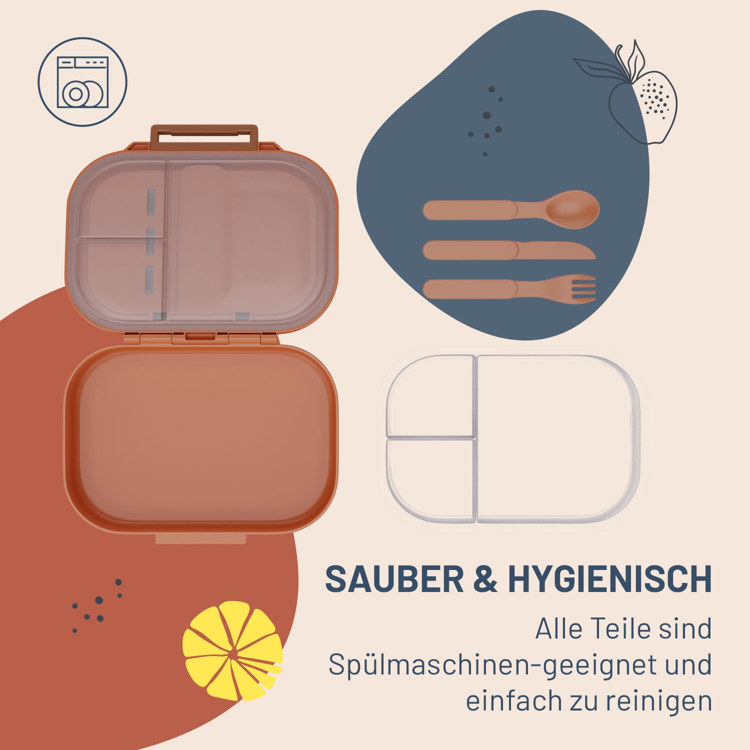 Bunko - Lunchbox, 3 scomparti, incl. 3 pz. Posate ca. 21 x 14,5 x 5,5 cm (LxAxP) Arancione