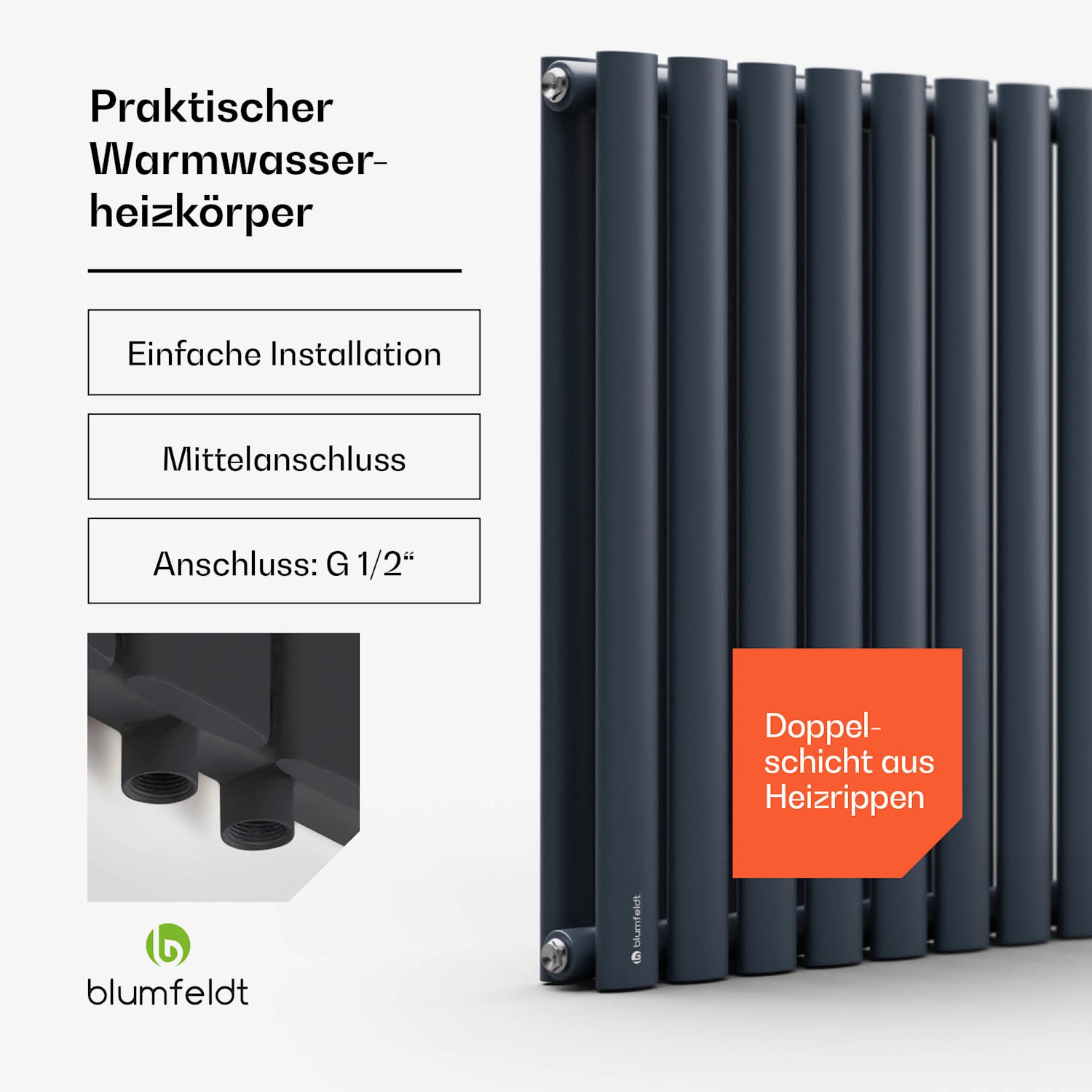Tallheo 100 x 60 Heizkörper Röhrenheizkörper 1445W Warmwasser 1/2 60 x 100 cm | zweireihig | Anthrazit