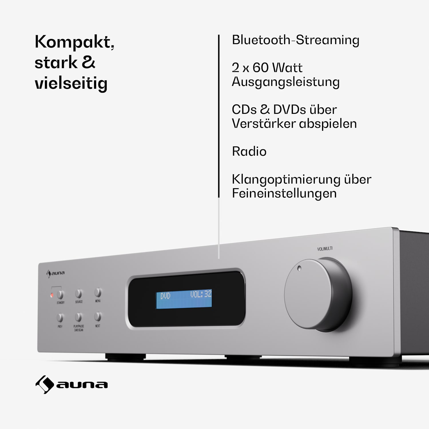 Art22 - Amplificatore DAB+ BT, amplificatore HiFi, radio DAB+/FM, 2 x 60 W, ingressi ottico + coassiale, telecomando, Bluetooth, REC-Out  Bianco / Argento metallizzato