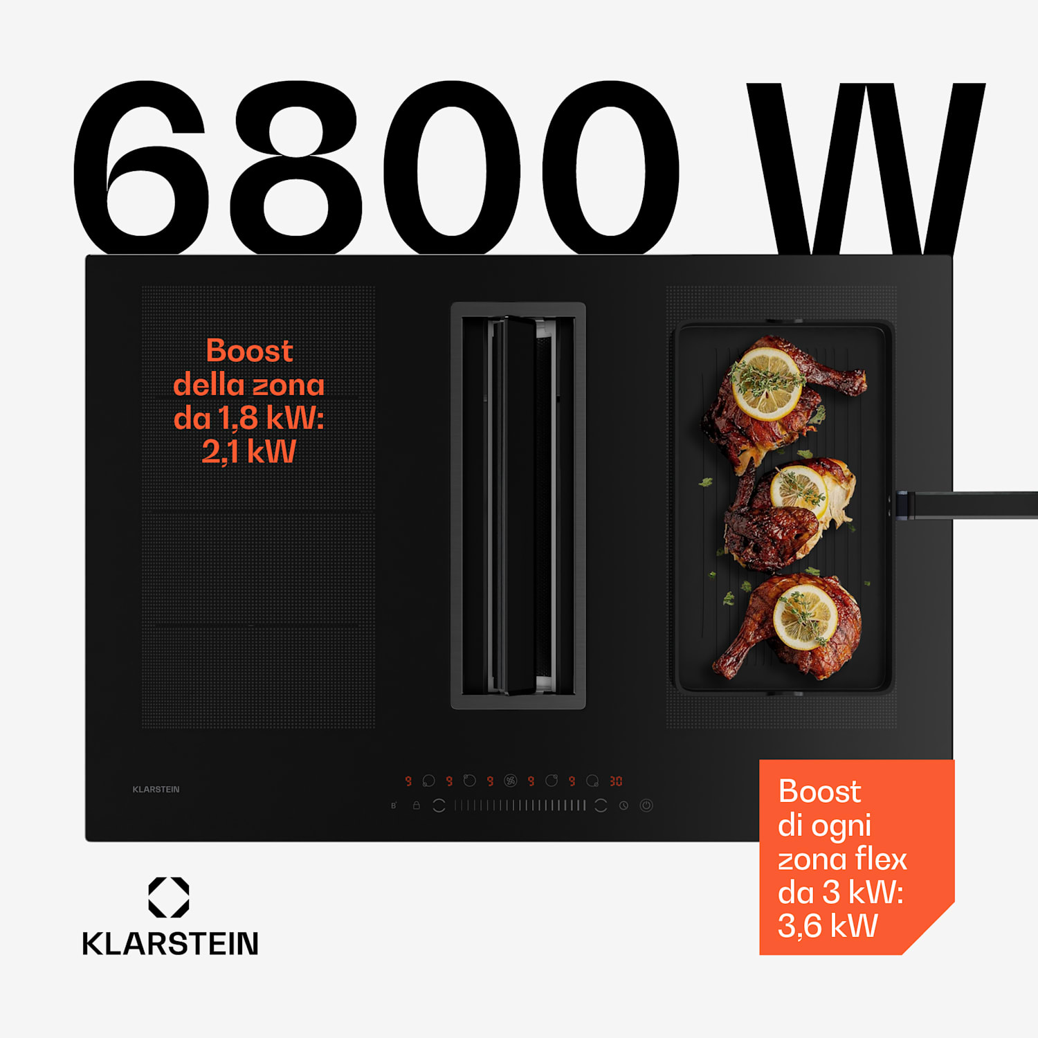 Chef-Fusion - Sistema Down Air, piano cottura a induzione + cappa DownAir, 77 cm, potenza aspirante di 600 m³/ora, A 77 cm | Nero