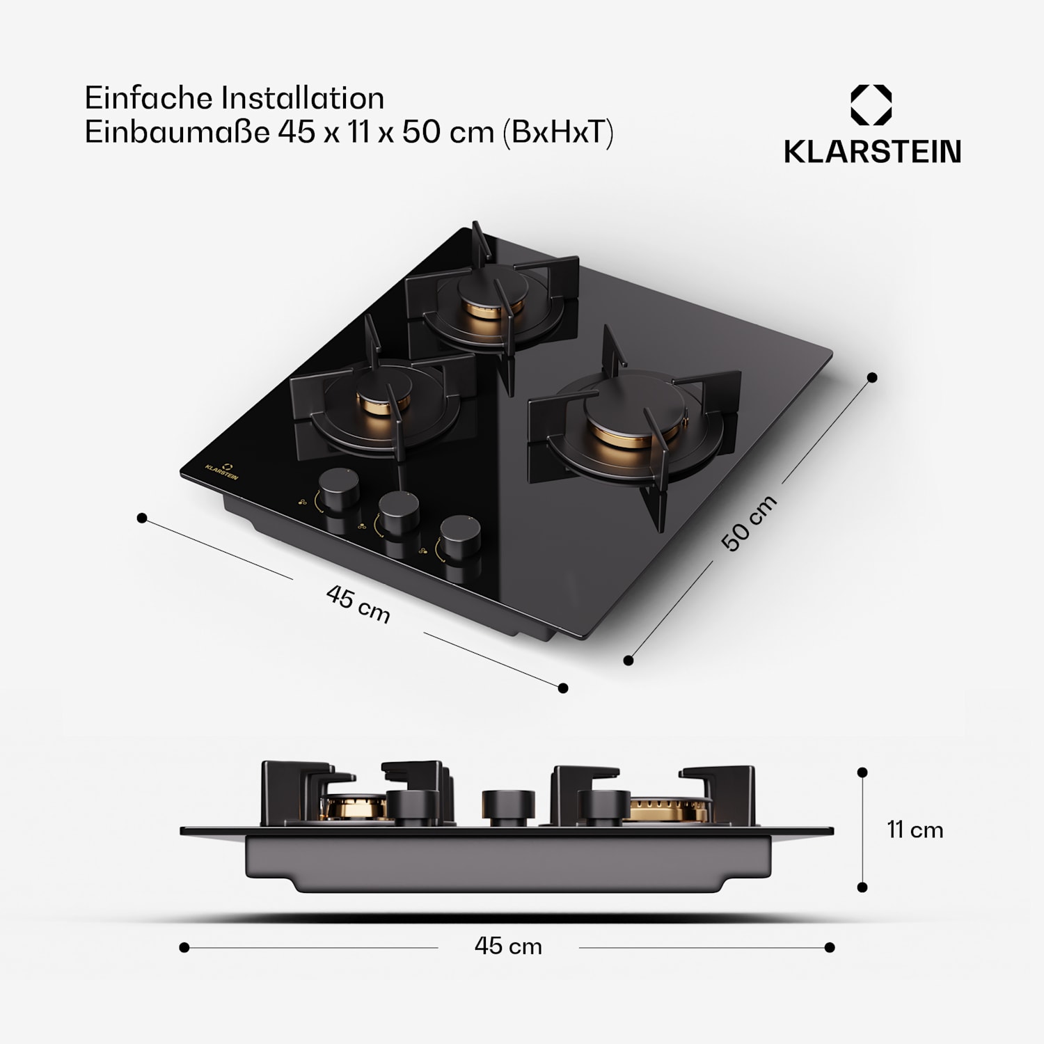 Goldflame - Piano cottura a gas, 3 fuochi, bruciatori in ottone, vetroceramica, nero 