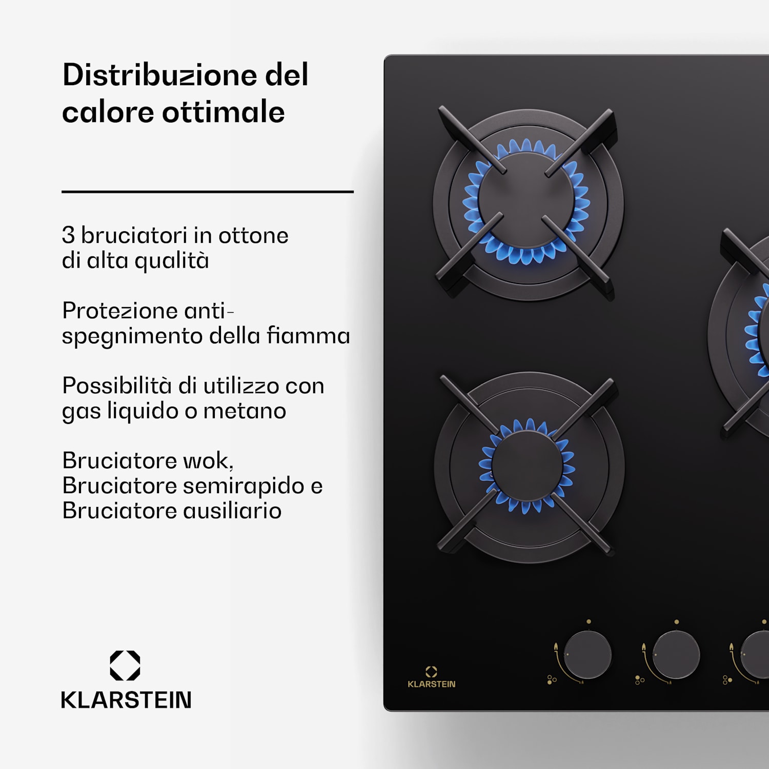 Goldflame - Piano cottura a gas, 3 fuochi, bruciatori in ottone, vetroceramica, nero 45 cm | 3 Bruciatore | Nero