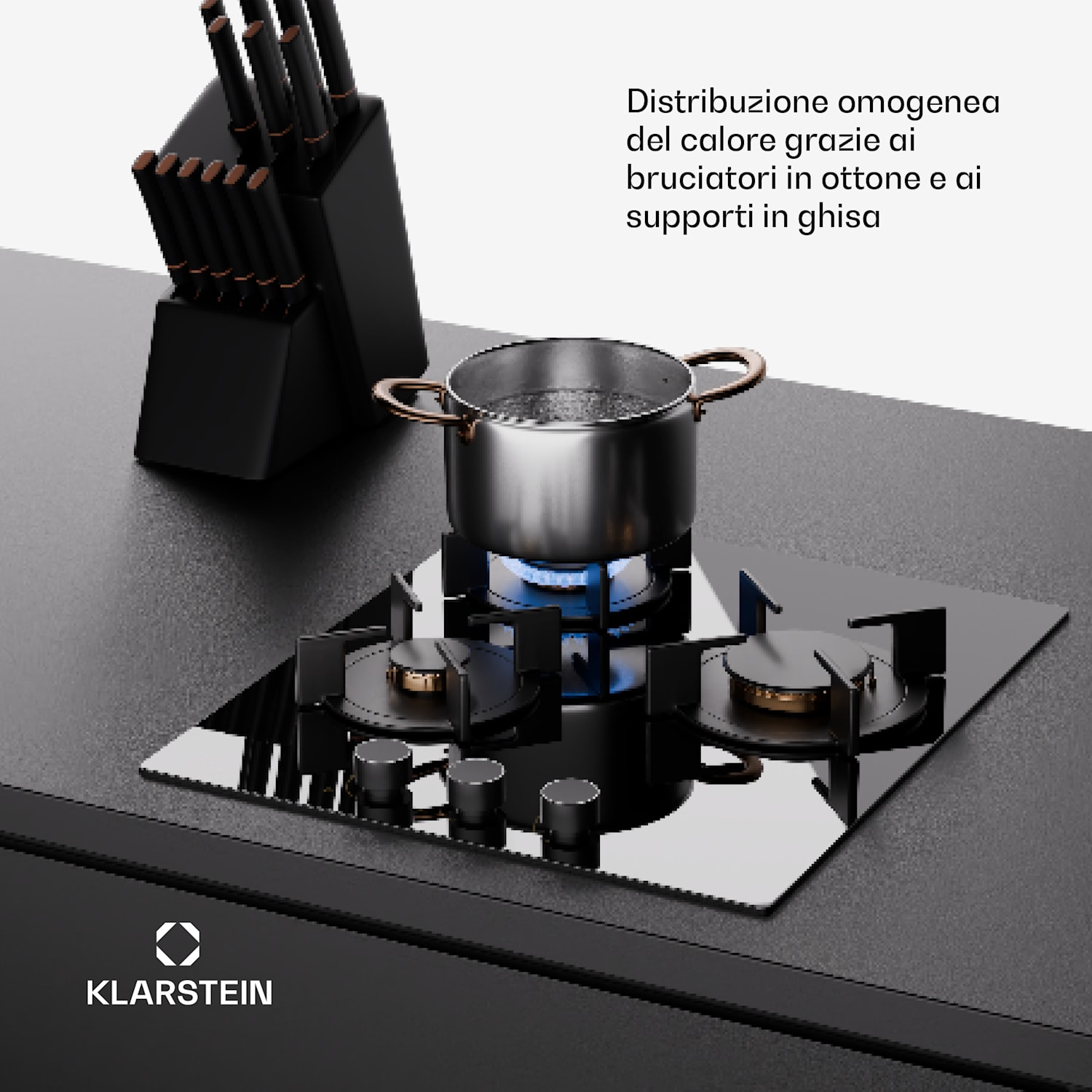 Goldflame - Piano cottura a gas, 3 fuochi, bruciatori in ottone, vetroceramica, nero 45 cm | 3 Bruciatore | Nero