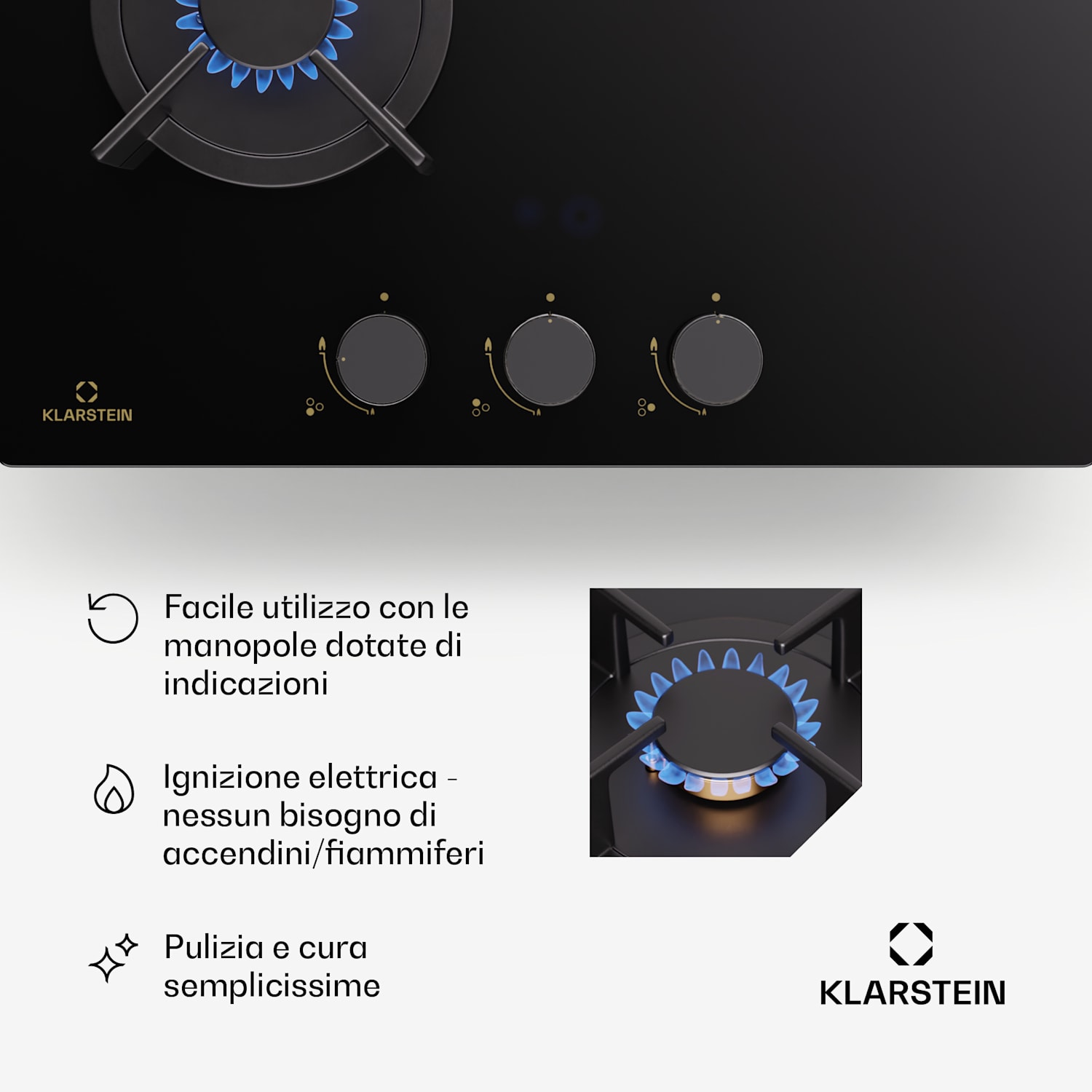 Goldflame - Piano cottura a gas, 3 fuochi, bruciatori in ottone, vetroceramica, nero 45 cm | 3 Bruciatore | Nero