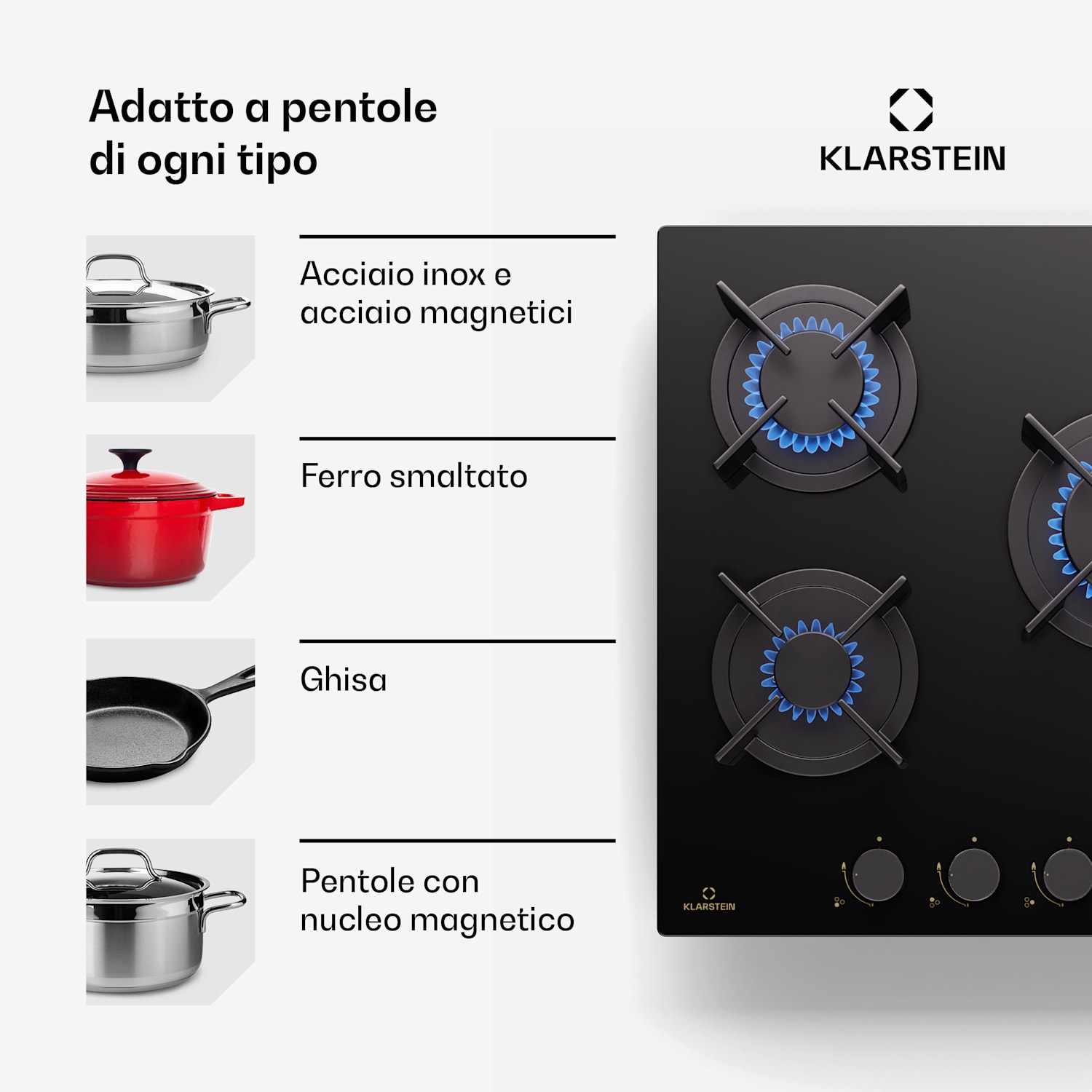 Goldflame - Piano cottura a gas, 3 fuochi, bruciatori in ottone, vetroceramica, nero 45 cm | 3 Bruciatore | Nero