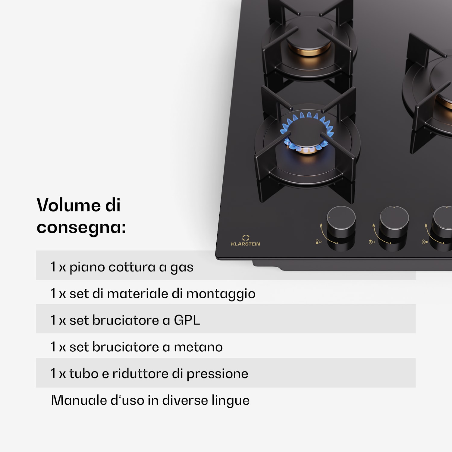 Goldflame - Piano cottura a gas, 3 fuochi, bruciatori in ottone, vetroceramica, nero 45 cm | 3 Bruciatore | Nero