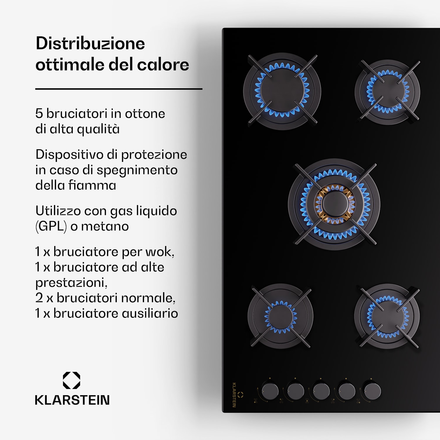  Klarstein Goldflame 5 - Piano cottura a gas, 5 fuochi, Side-Control 