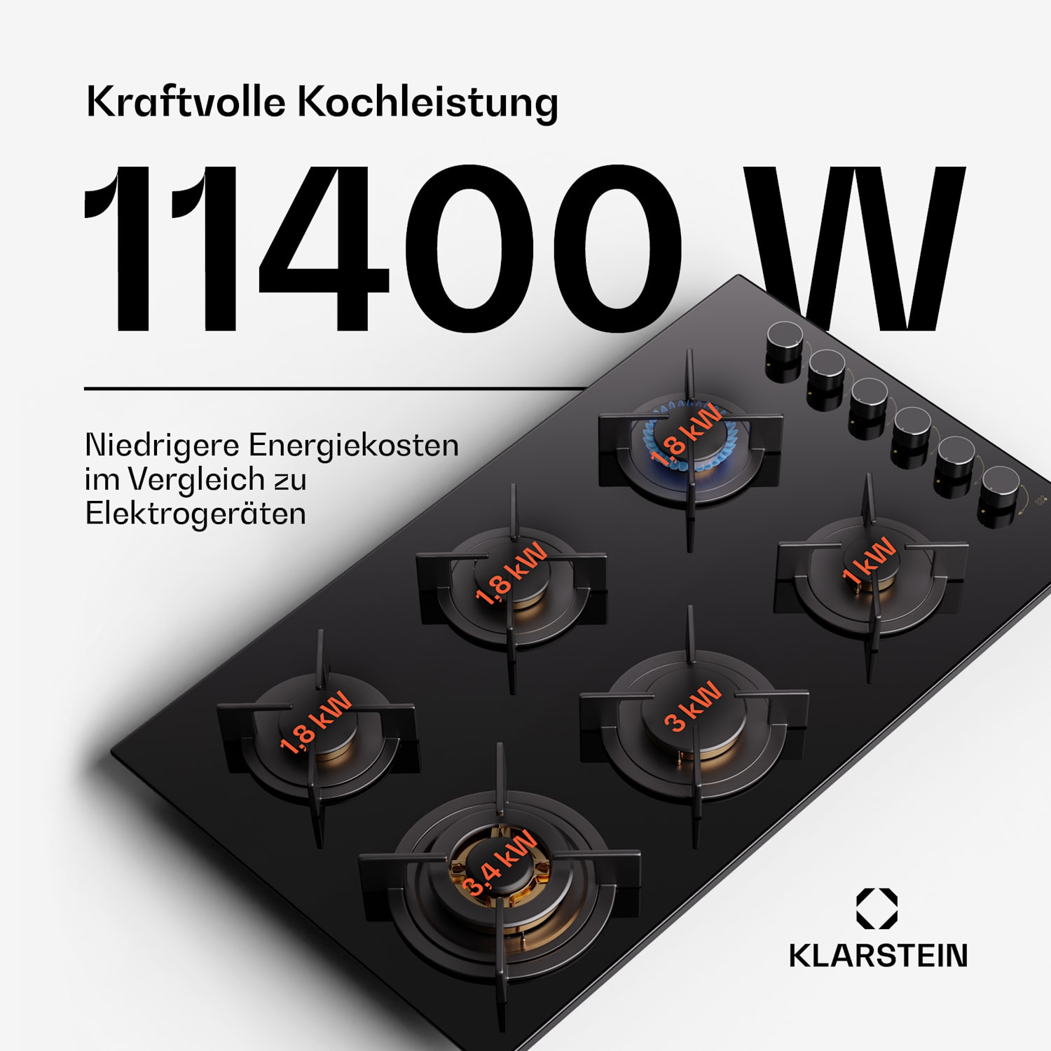 Goldflame 6 Gaskochfeld 6-flammig autark Side-Control Erdgas/Propangas Glaskeramik schwarz 90 cm | 6 Brenner | Schwarz