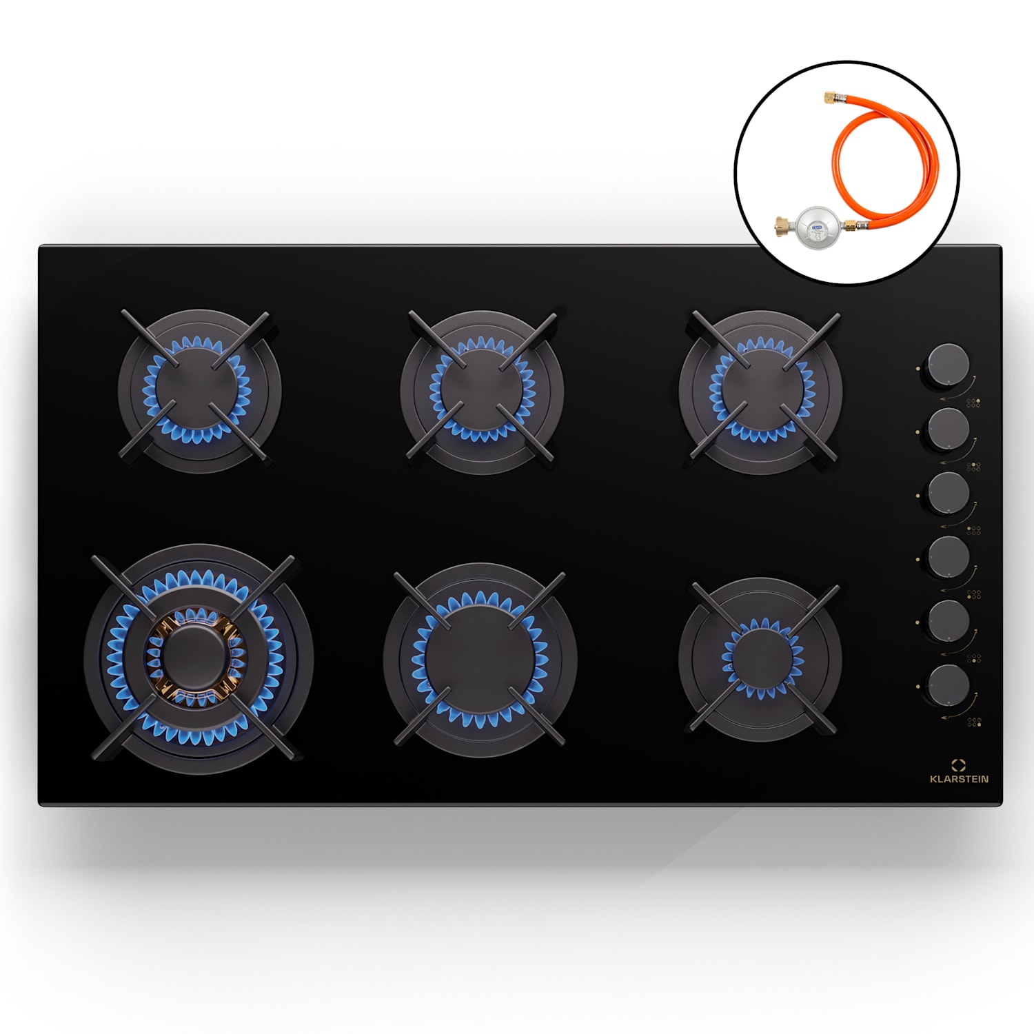 Goldflame 6 Gaskochfeld 6-flammig autark Side-Control Erdgas/Propangas Glaskeramik schwarz 90 cm | 6 Brenner | Schwarz
