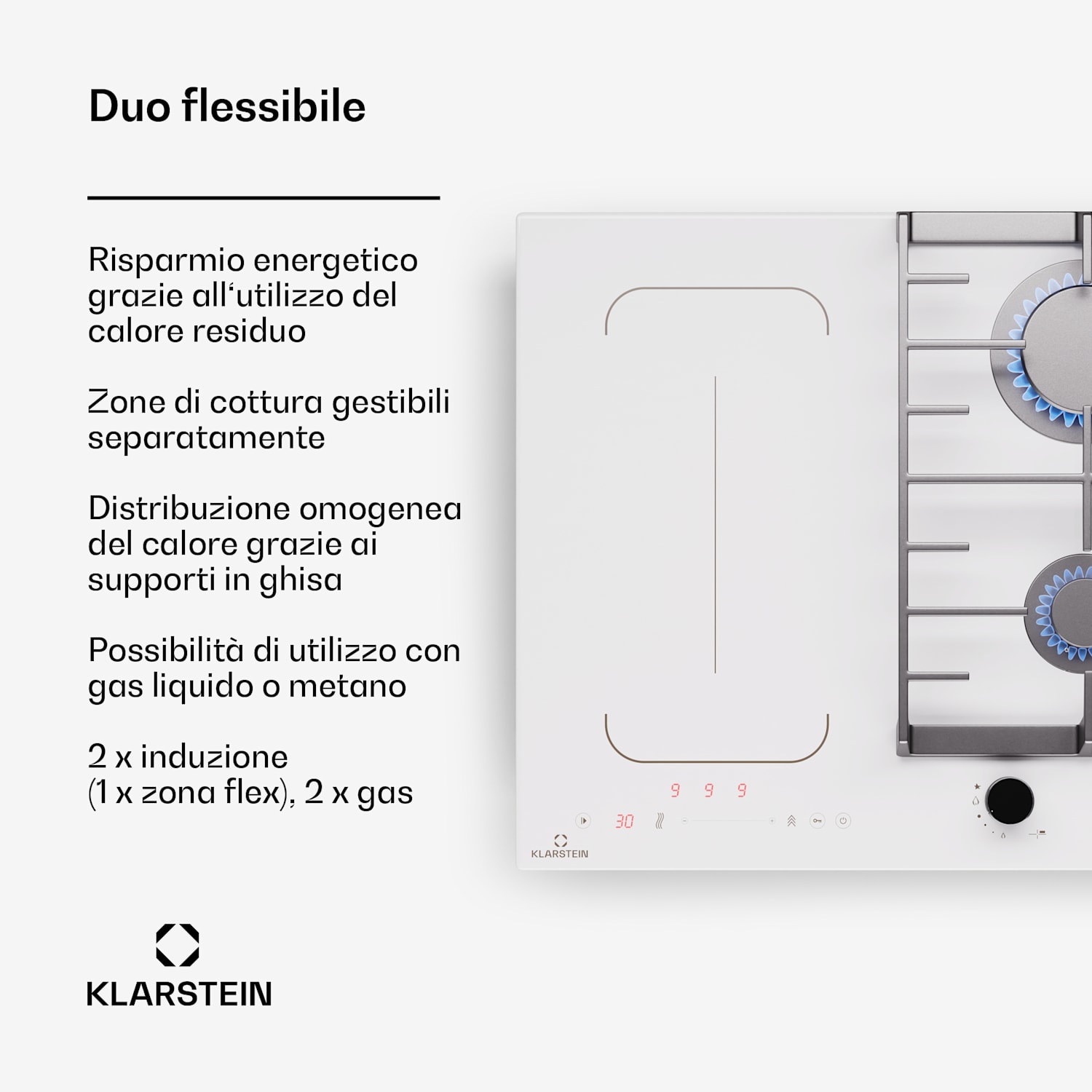 Multichef 4 - Piano cottura a gas e induzione, 4 zone, 2 bruciatori a gas, 2 zone a induzione, FlexZone Bianco
