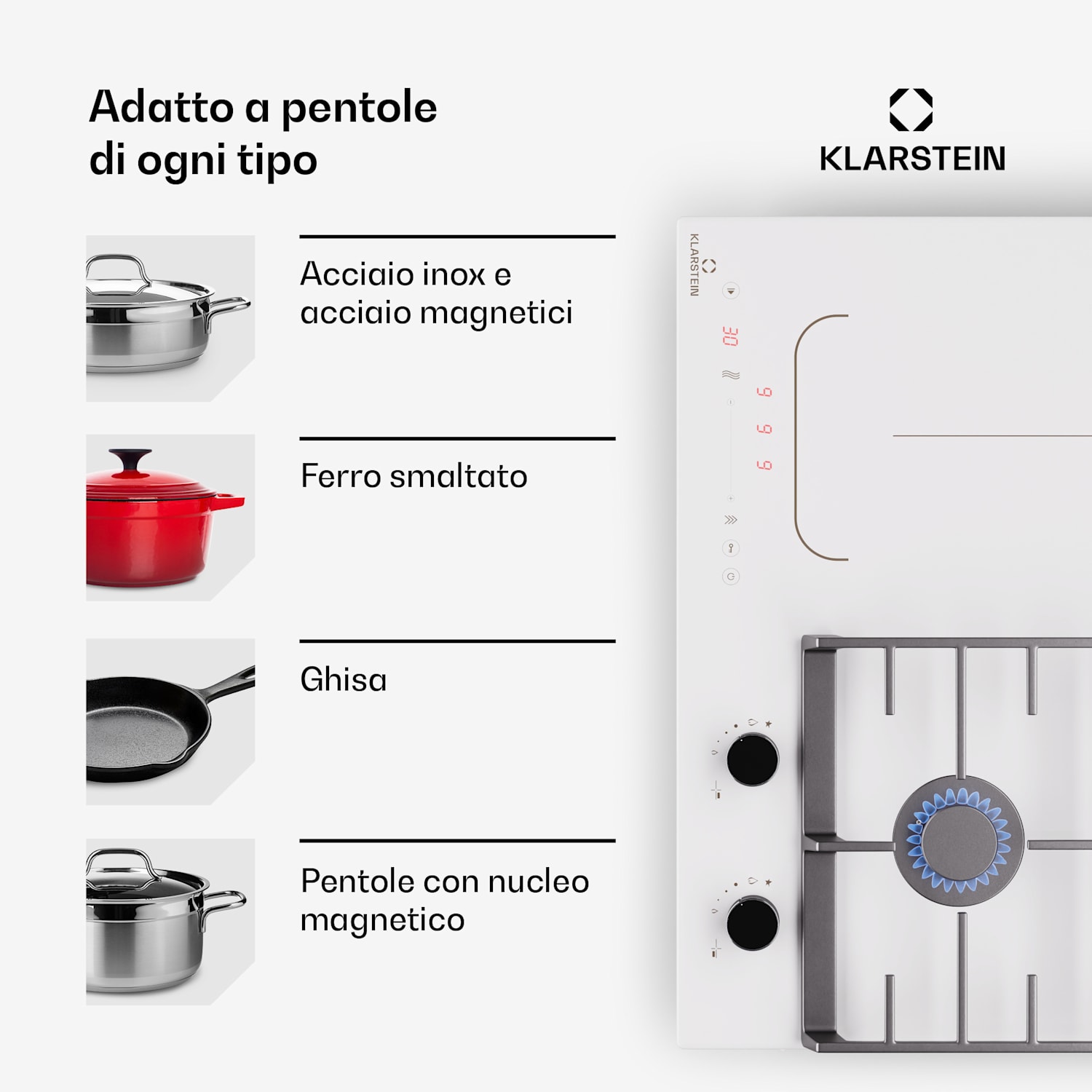Multichef 4 - Piano cottura a gas e induzione, 4 zone, 2 bruciatori a gas, 2 zone a induzione, FlexZone Bianco