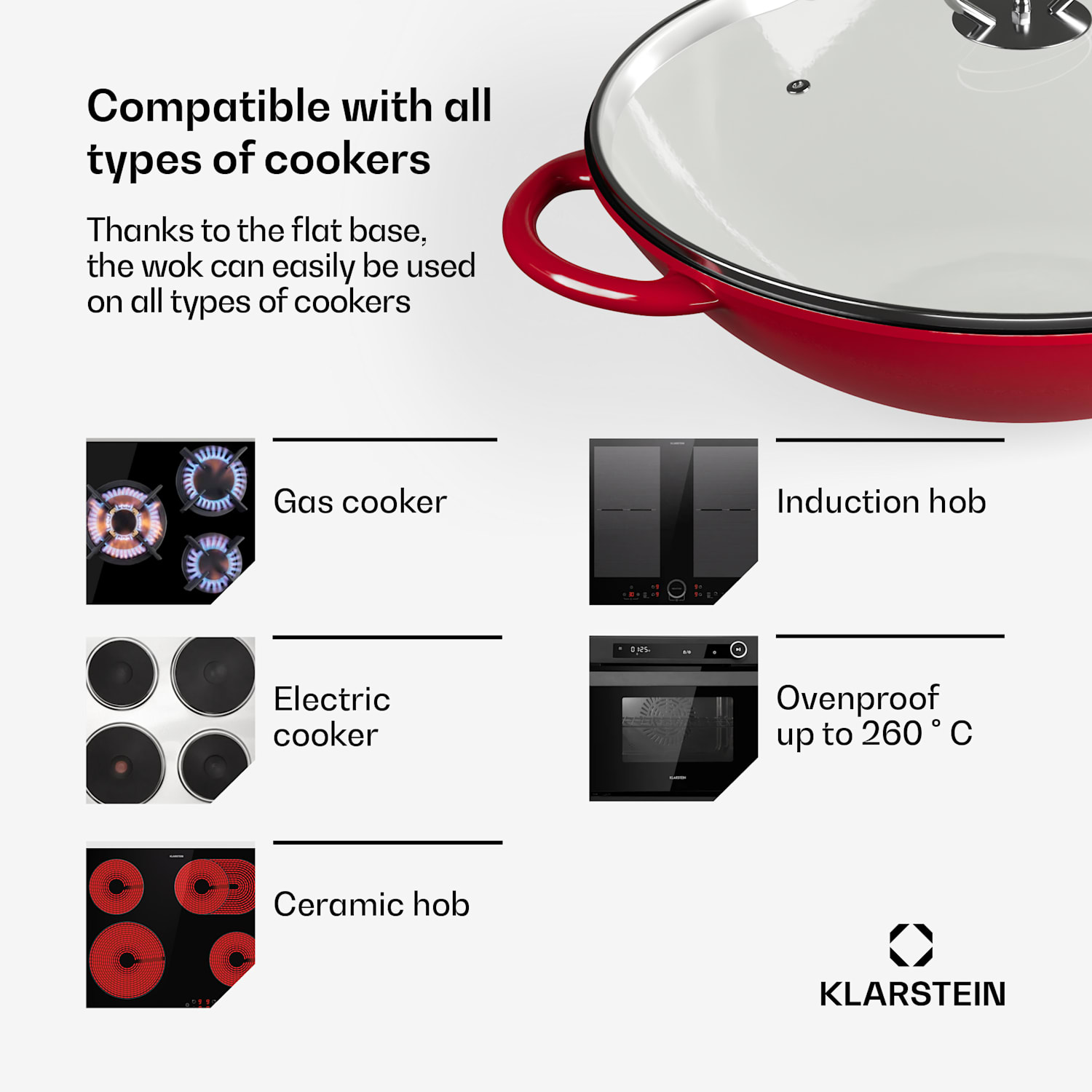 Klarstein Jersey wok cast iron enamelled round two handles lid oven-safe for all types of stoves 