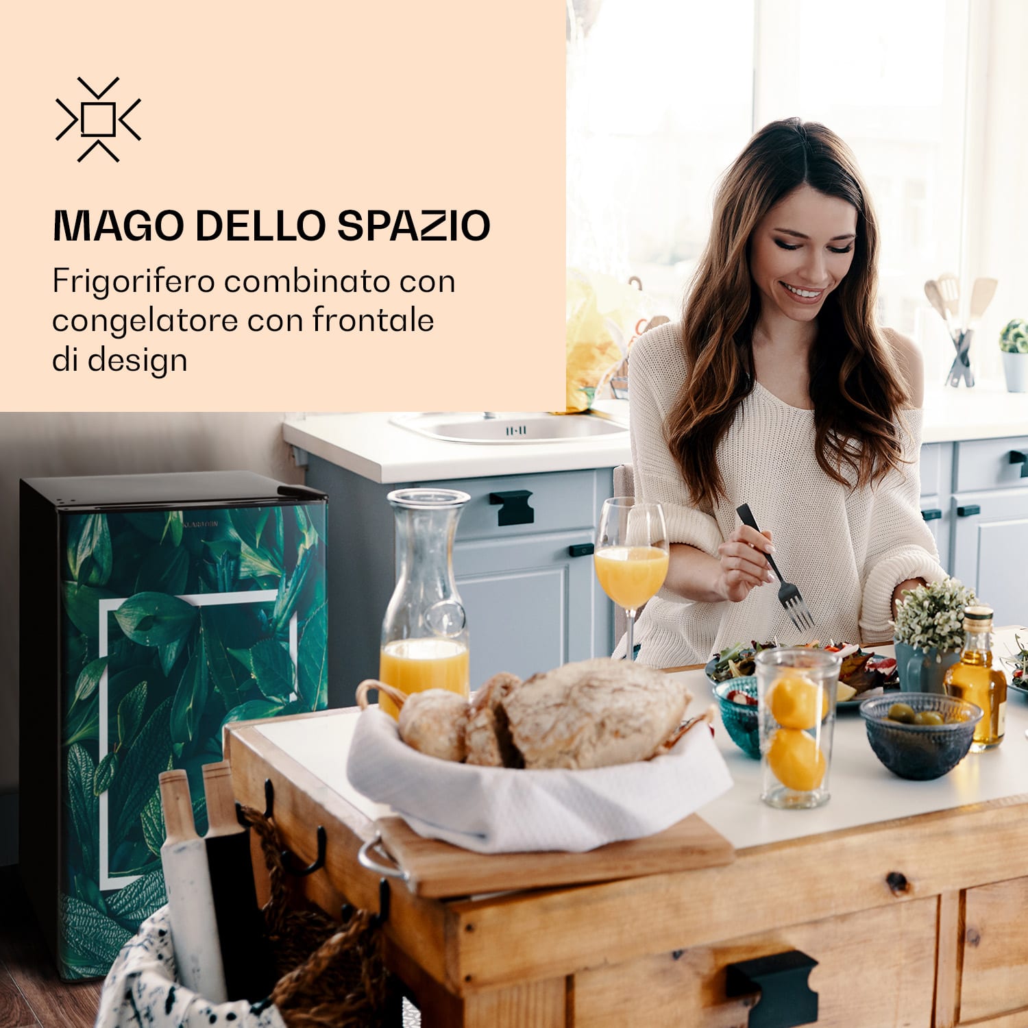 CoolArt 79L - Frigorifero con vano congelatore, classe energetica E, vano congelatore da 9 L, sportello di design 
