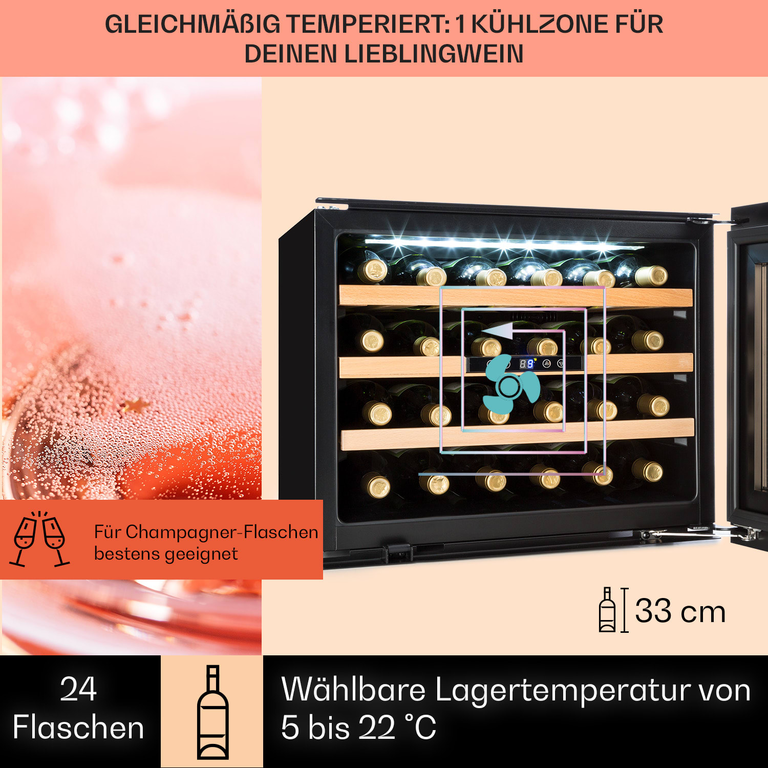 Vinsider 24 Built-In Uno Einbau-Weinkühlschrank 24 Flaschen 57 Liter 24 Flaschen | 1 Kühlzone | Edelstahl
