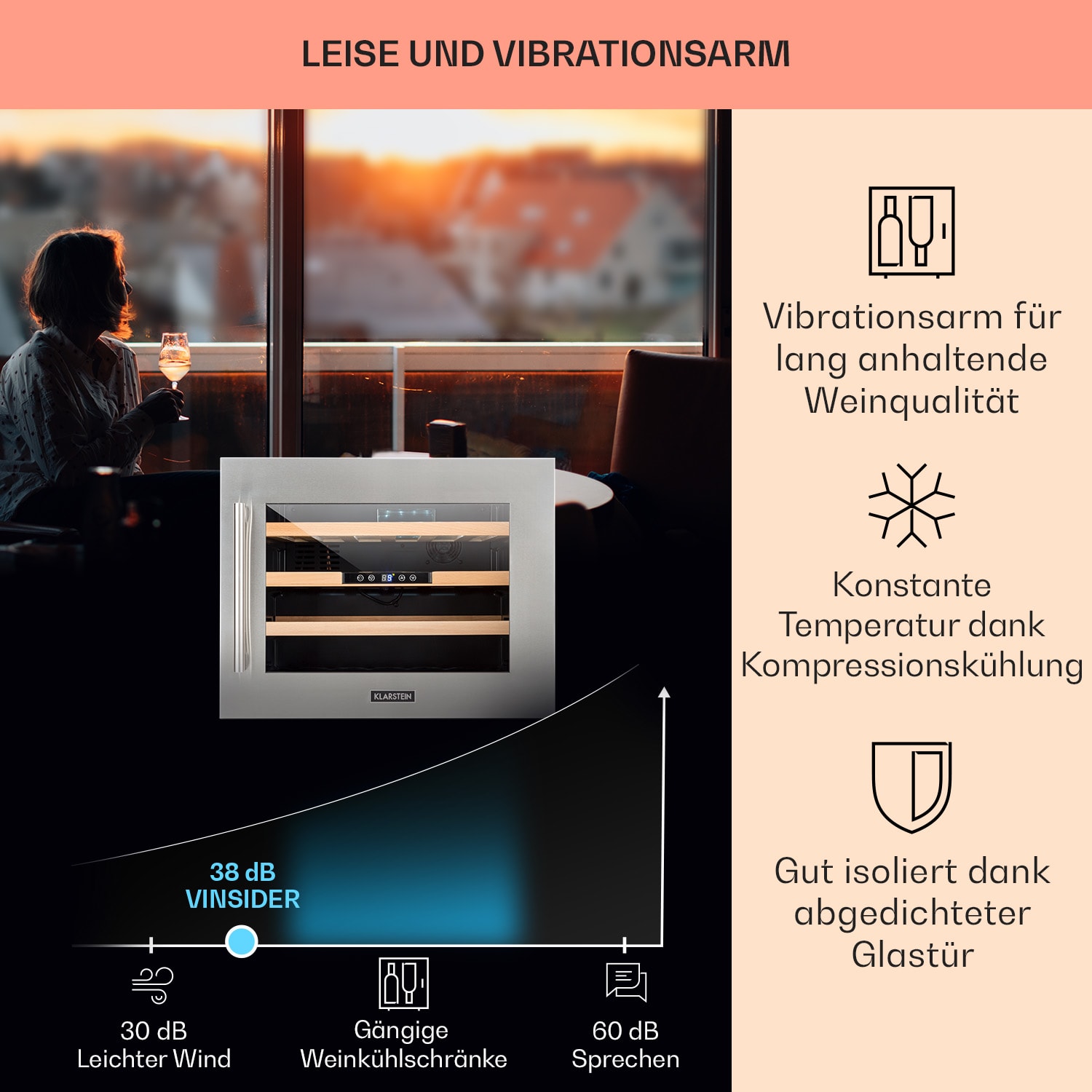 Vinsider 24 Built-In Uno Einbau-Weinkühlschrank 24 Flaschen 57 Liter 