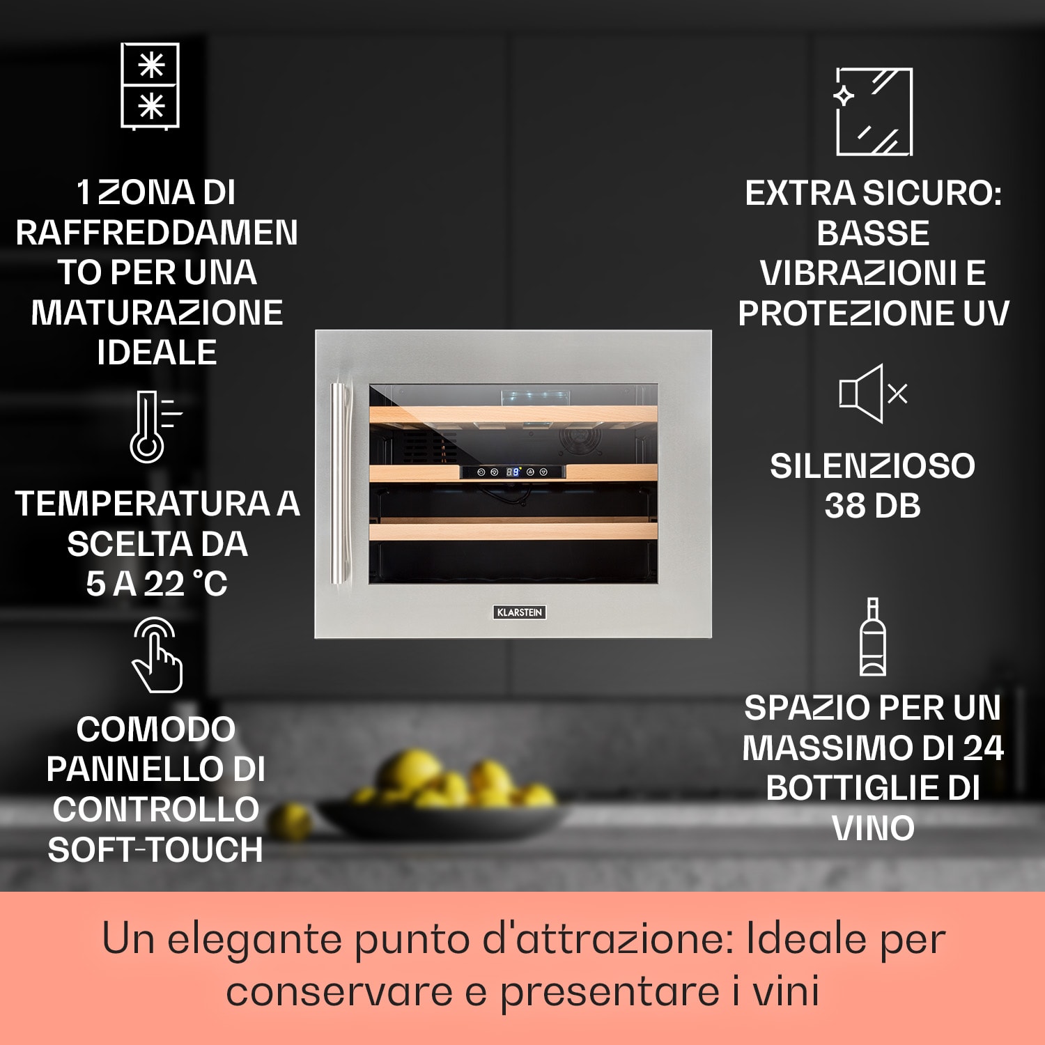 Vinsider 24 Built-In Uno Frigorifero per vini da incasso 24 bottiglie 57 litri 24 bottiglie | 1 zona di raffreddamento | Acciaio inox