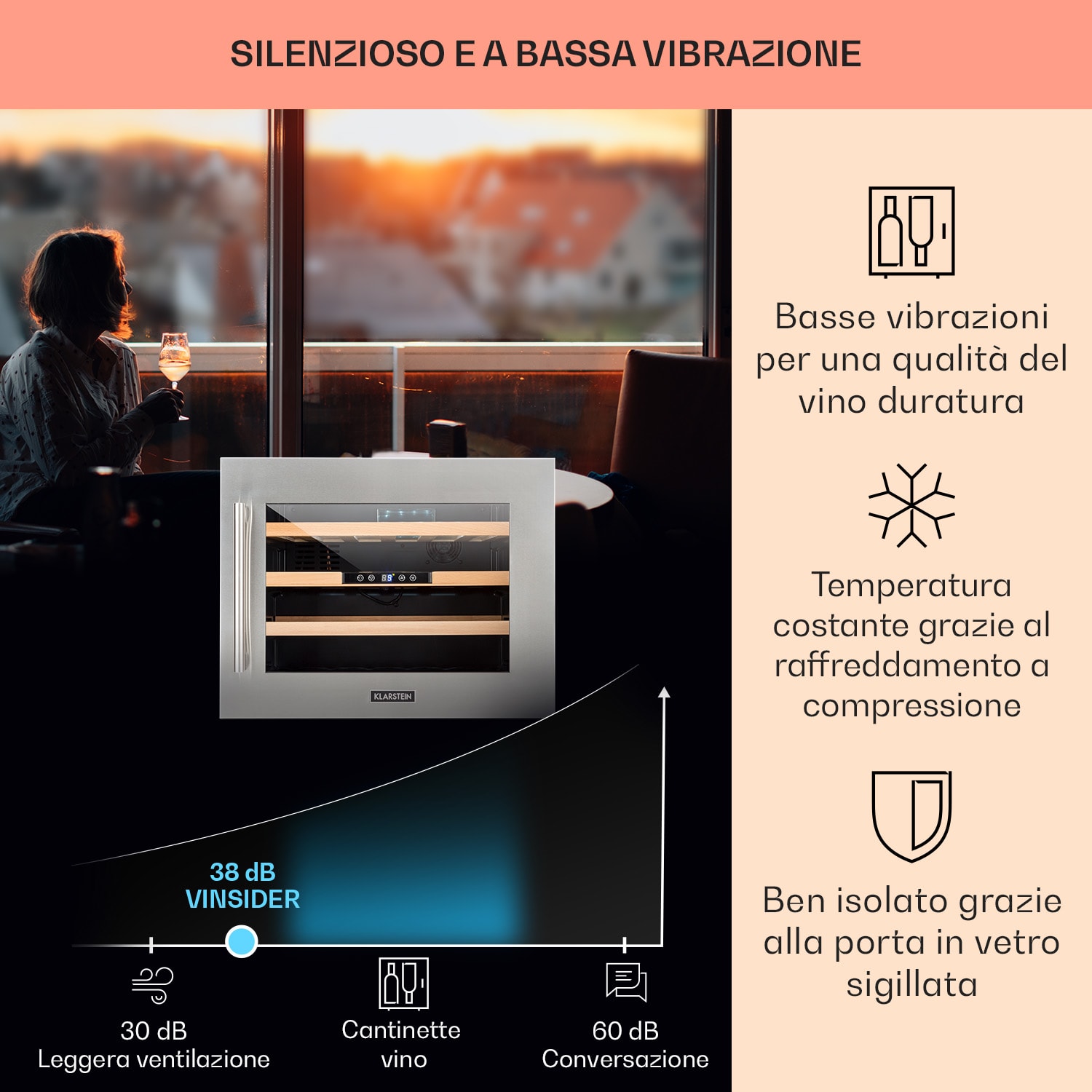 Vinsider 24 Built-In Uno Frigorifero per vini da incasso 24 bottiglie 57 litri 24 bottiglie | 1 zona di raffreddamento | Acciaio inox