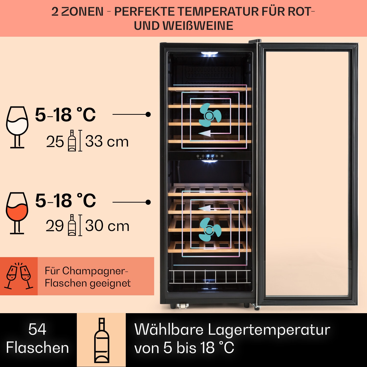 Vinamour 54 Duo Weinkühlschrank 2 Zonen 148 Ltr 54 Fl Touch-Display 