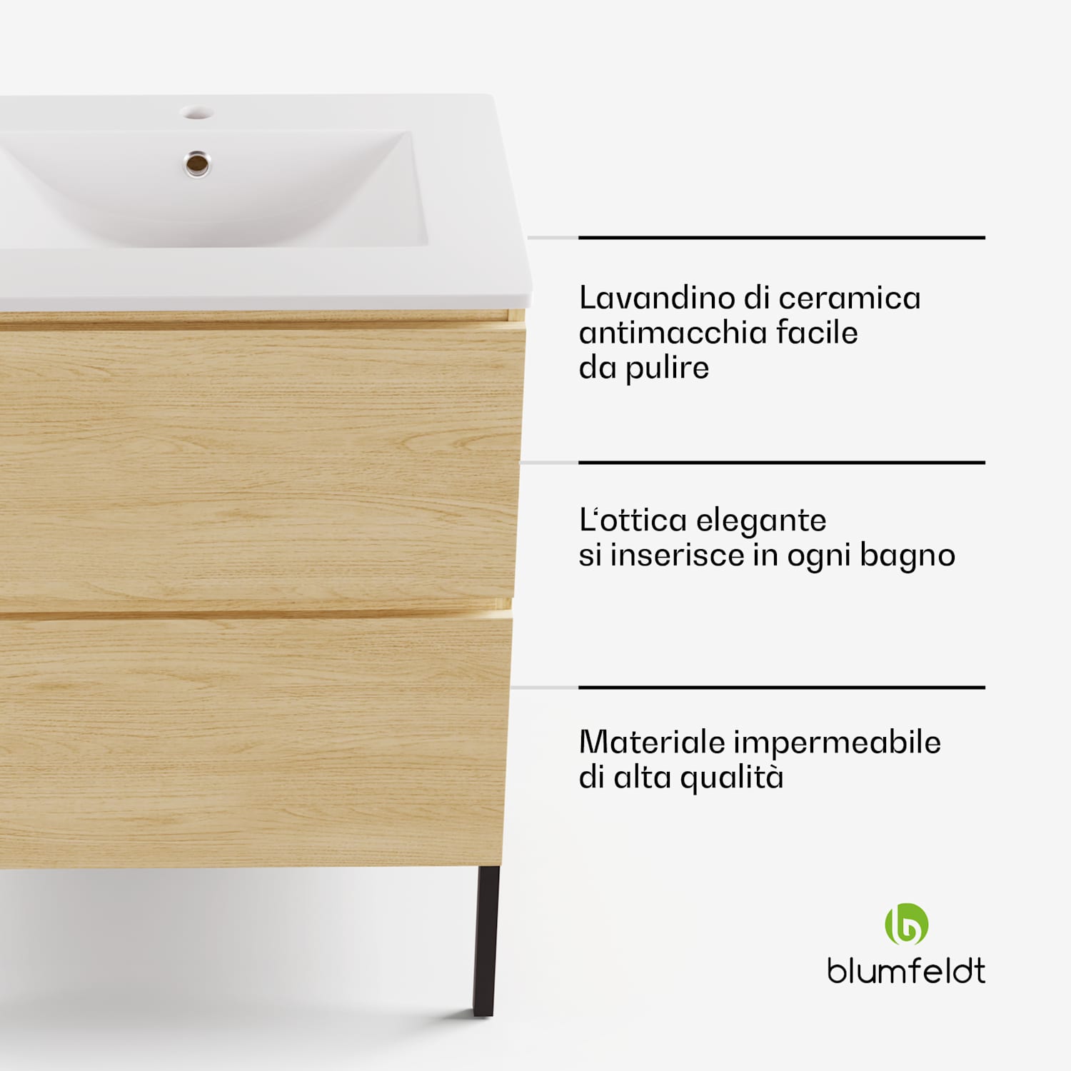 Johnstone portalavabo, mobiletto per il bagno, armadietto da bagno, 60 cm, con lavabo in ceramica, funzione soft close, 2 cassetti, pratico spazio per riporre gli oggetti, legno naturale 60 cm